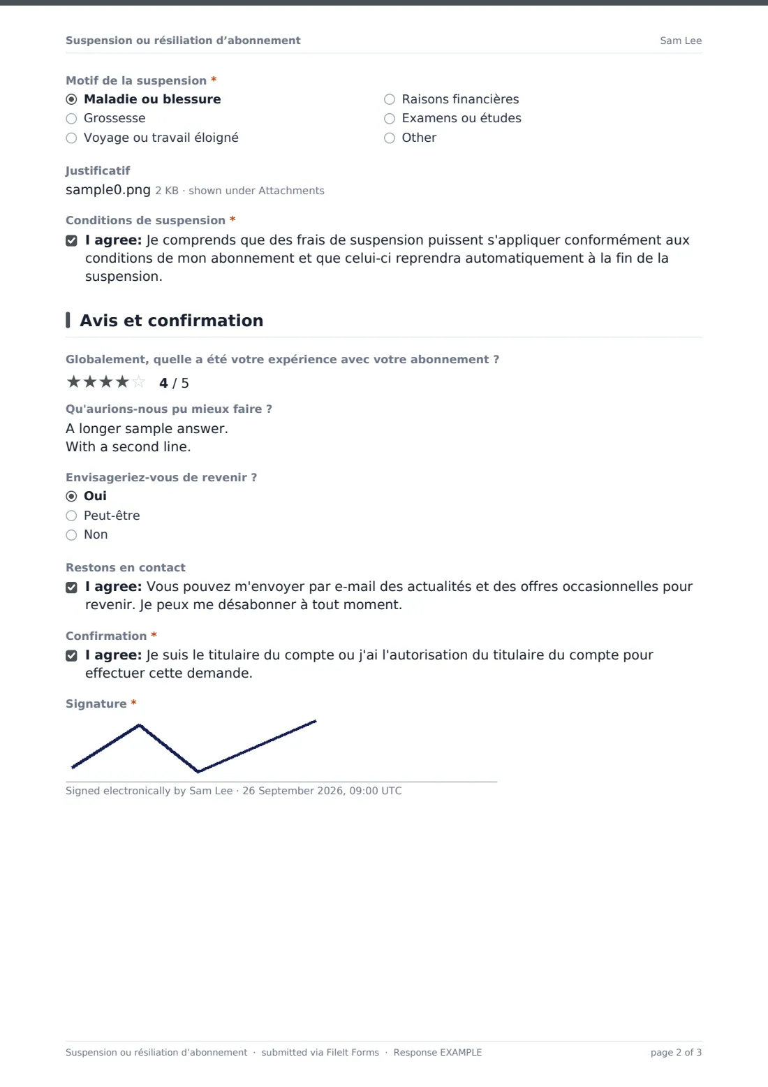 Suspension ou résiliation d’abonnement — exemple de réponse au format PDF, page 2 sur 3