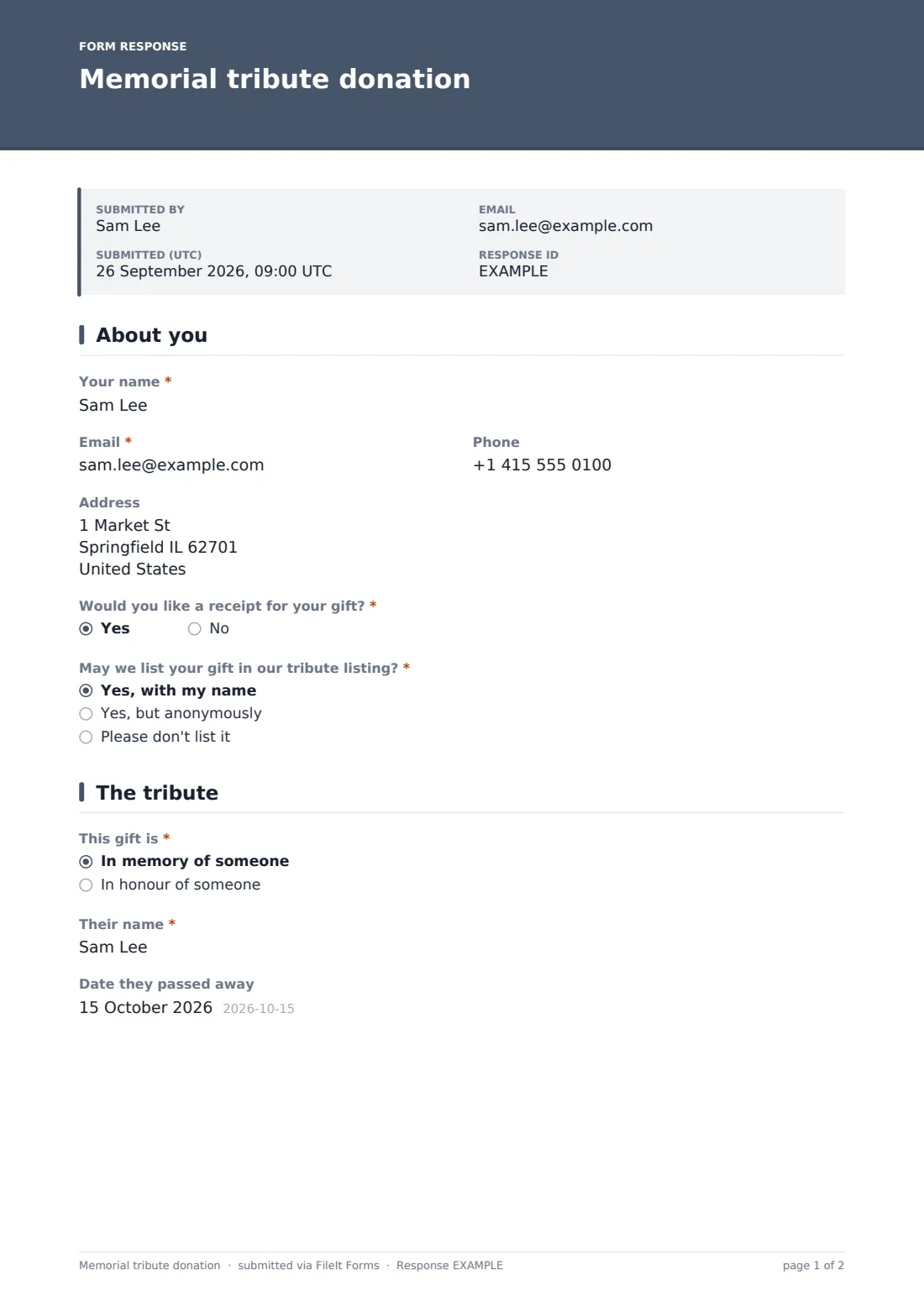 Memorial tribute donation — example response PDF, page 1 of 2