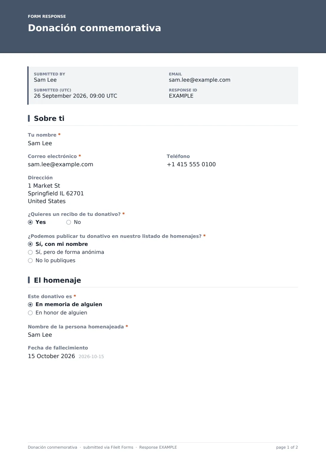Donación conmemorativa — PDF de respuesta de ejemplo, página 1 de 2