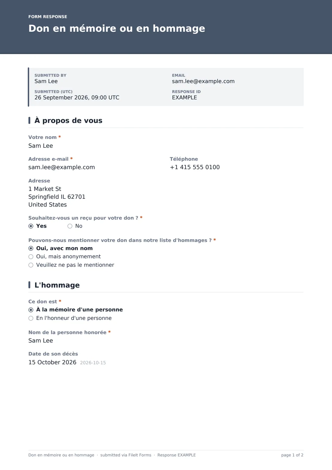 Don en mémoire ou en hommage — exemple de réponse au format PDF, page 1 sur 2