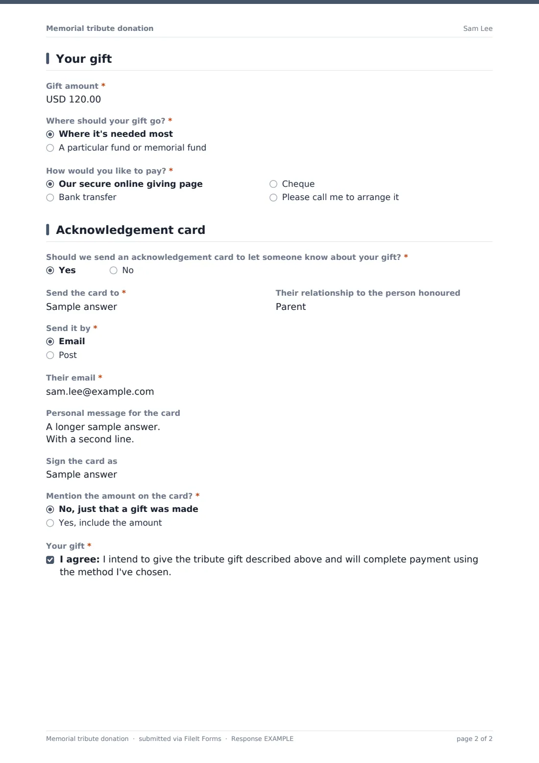 Memorial tribute donation — example response PDF, page 2 of 2