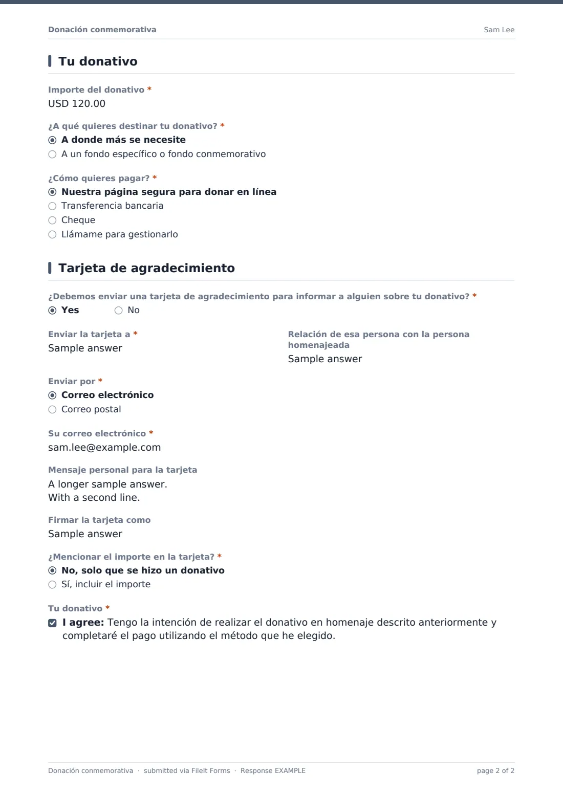 Donación conmemorativa — PDF de respuesta de ejemplo, página 2 de 2
