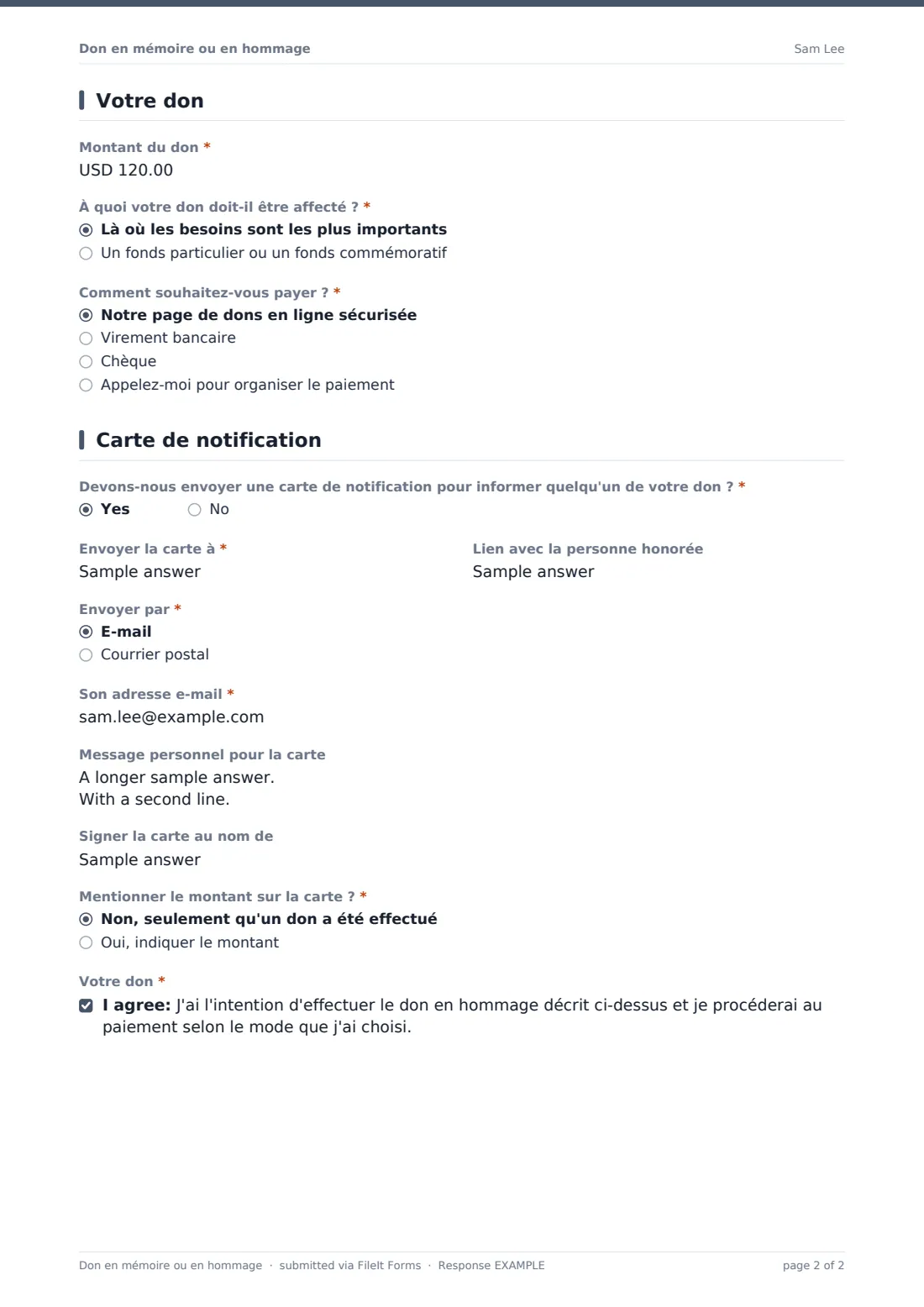 Don en mémoire ou en hommage — exemple de réponse au format PDF, page 2 sur 2