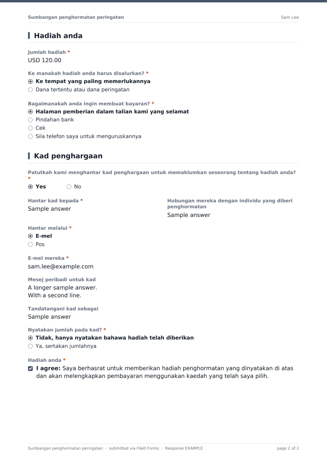Sumbangan penghormatan peringatan — PDF respons contoh, halaman 2 daripada 2