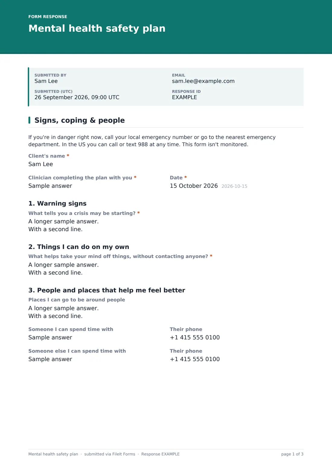 Mental health safety plan — example response PDF, page 1 of 3