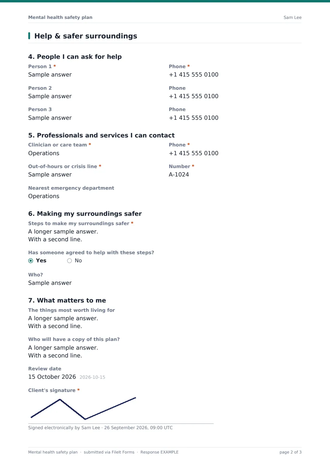 Mental health safety plan — example response PDF, page 2 of 3