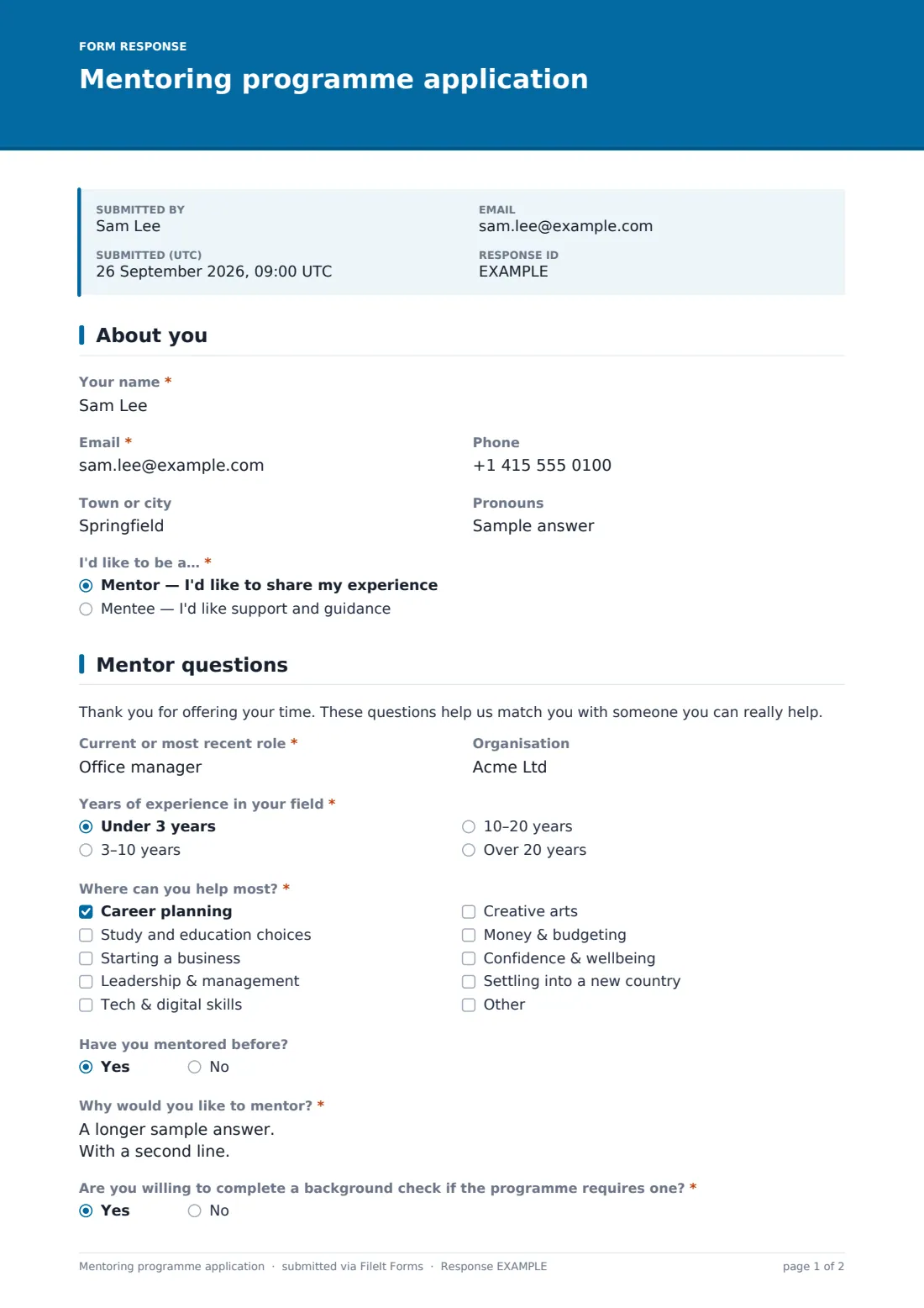 Mentoring programme application — example response PDF, page 1 of 2