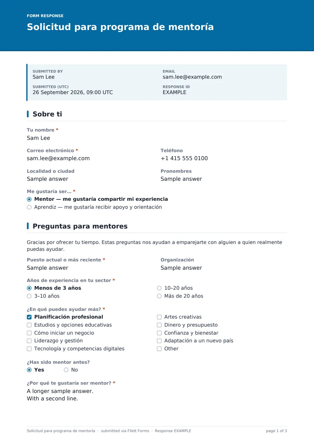 Solicitud para programa de mentoría — PDF de respuesta de ejemplo, página 1 de 3