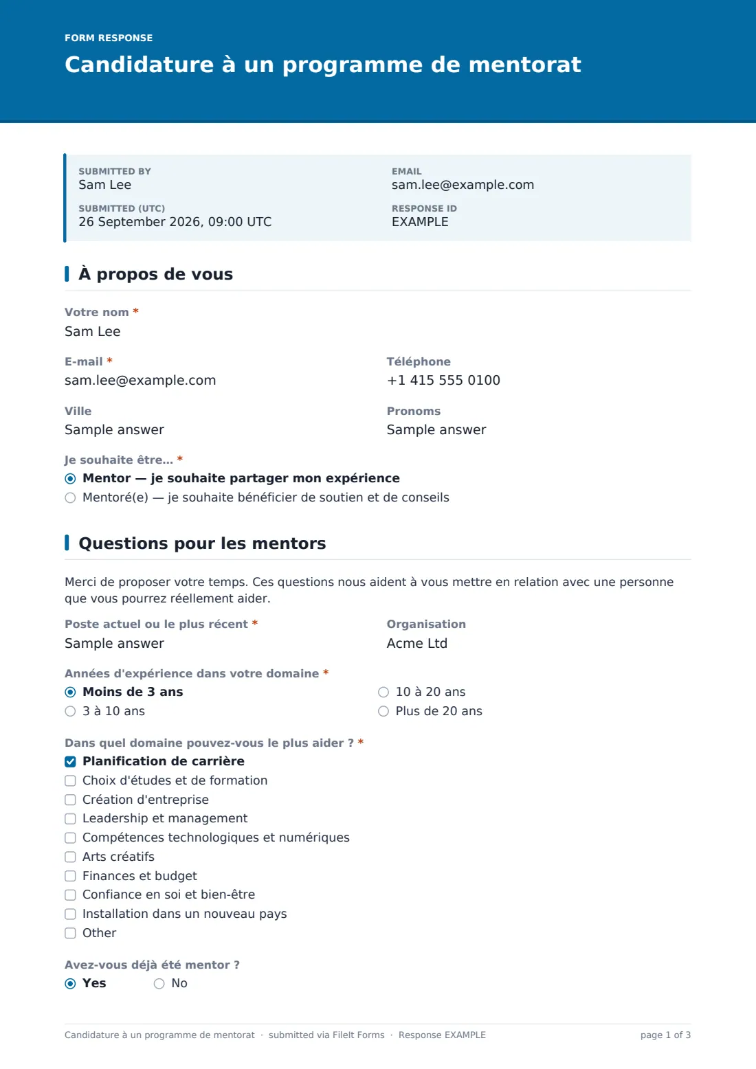 Candidature à un programme de mentorat — exemple de réponse au format PDF, page 1 sur 3