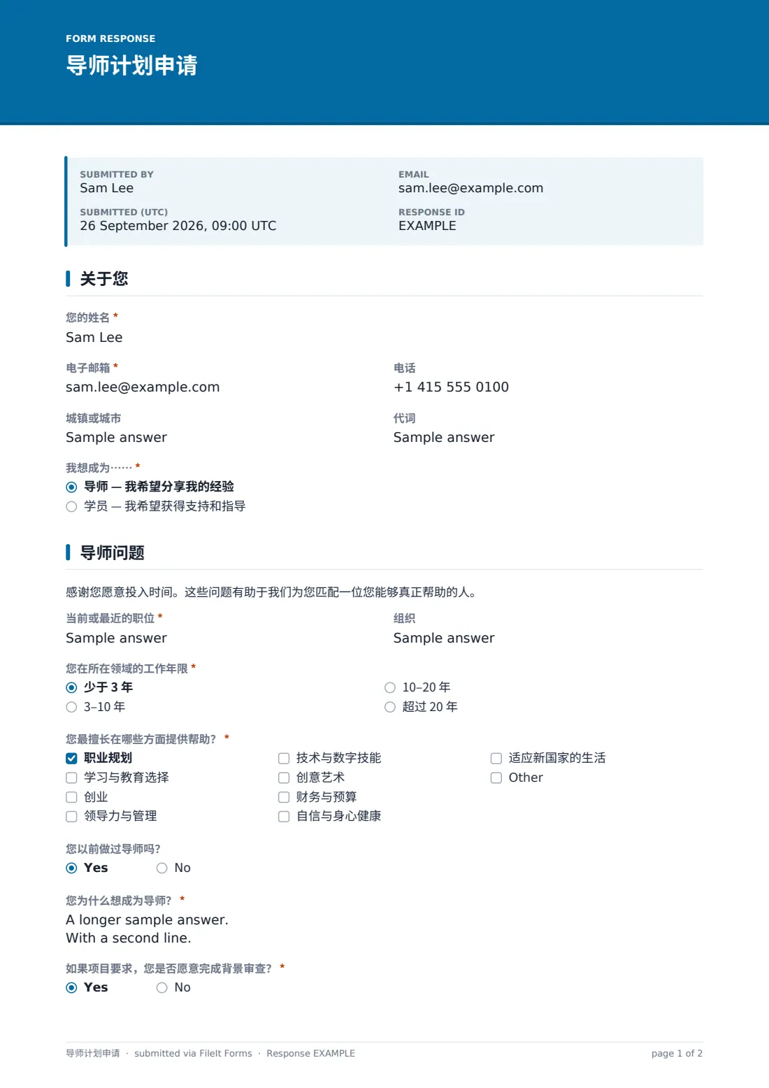 导师计划申请 — 示例回复 PDF，第 1 页，共 2 页