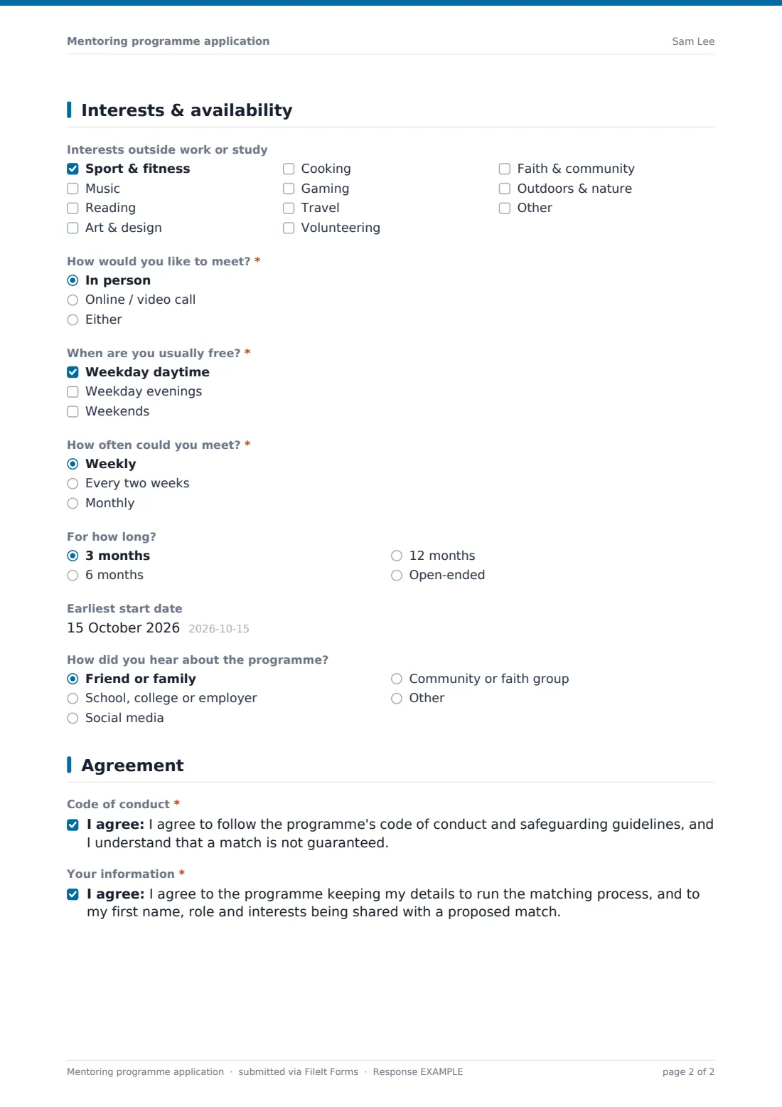 Mentoring programme application — example response PDF, page 2 of 2