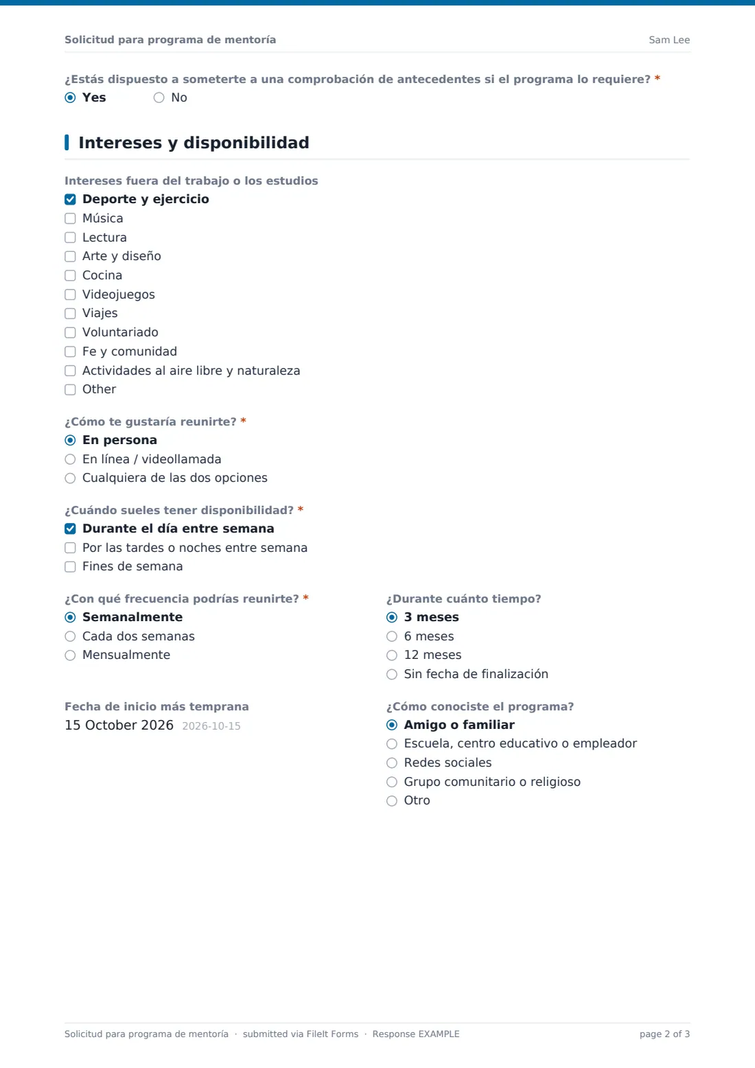 Solicitud para programa de mentoría — PDF de respuesta de ejemplo, página 2 de 3