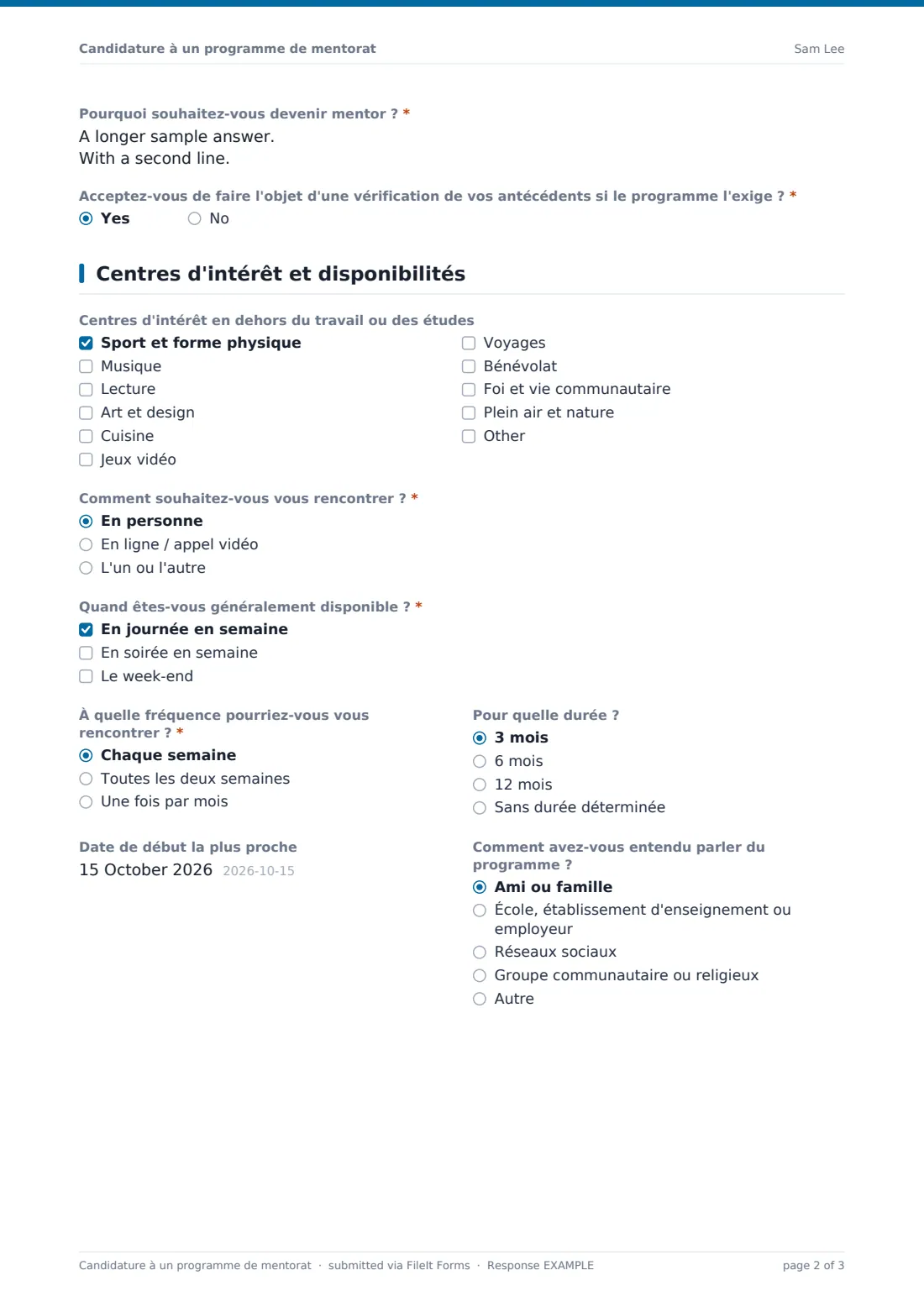 Candidature à un programme de mentorat — exemple de réponse au format PDF, page 2 sur 3