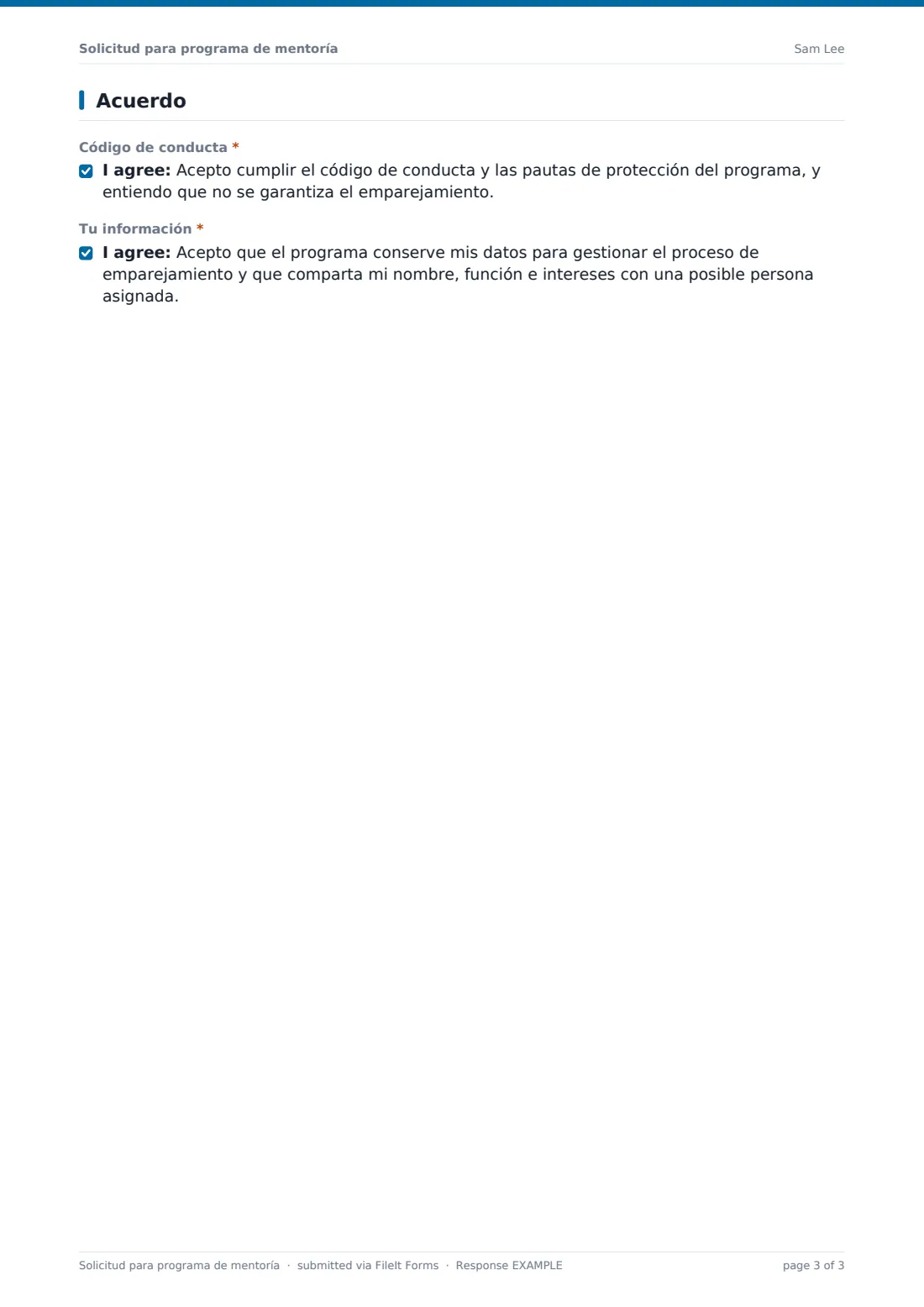 Solicitud para programa de mentoría — PDF de respuesta de ejemplo, página 3 de 3