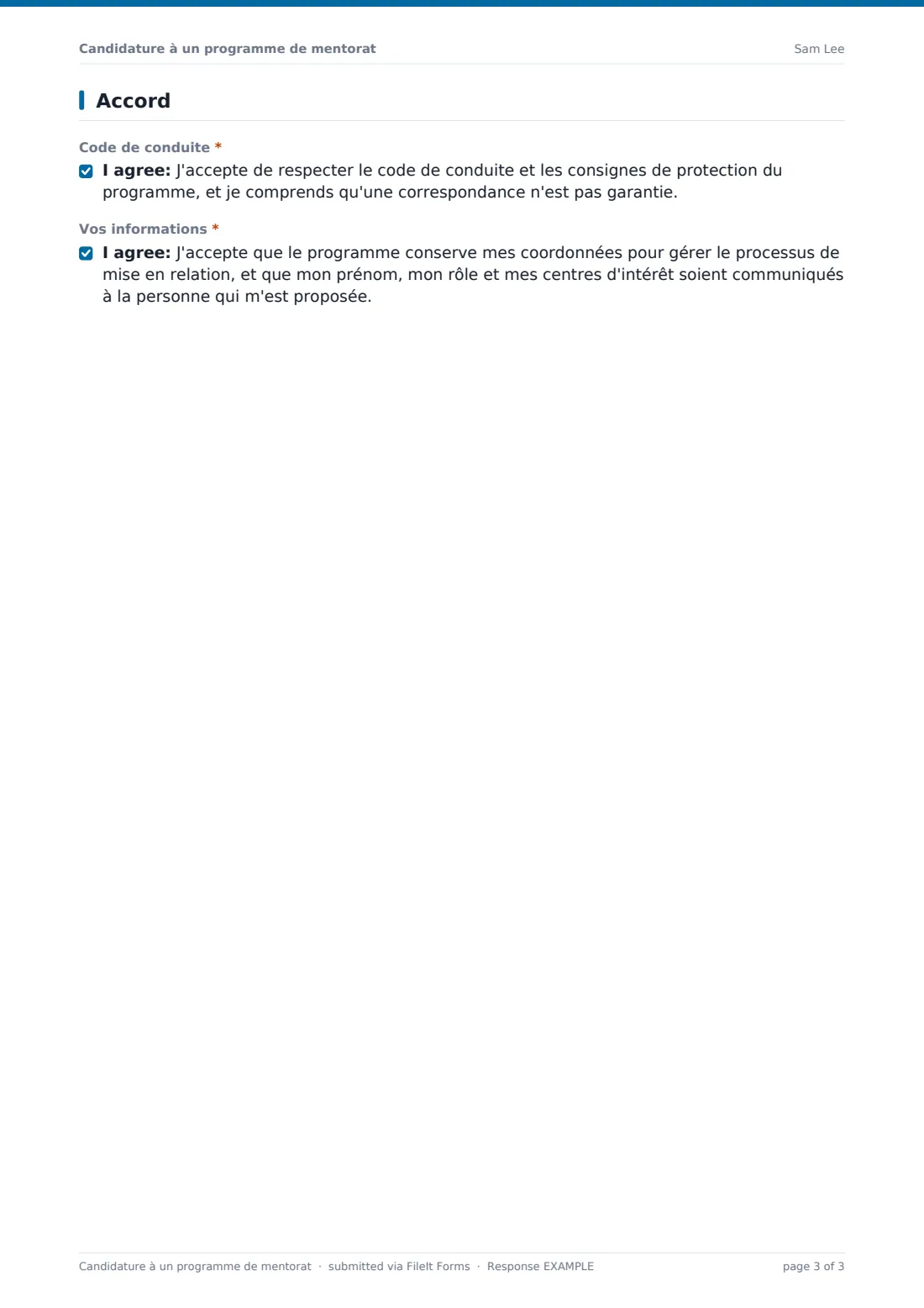 Candidature à un programme de mentorat — exemple de réponse au format PDF, page 3 sur 3