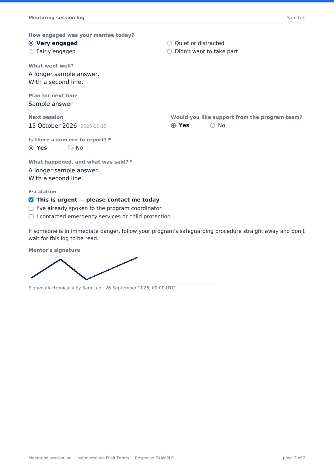 Mentoring session log — example response PDF, page 2 of 2