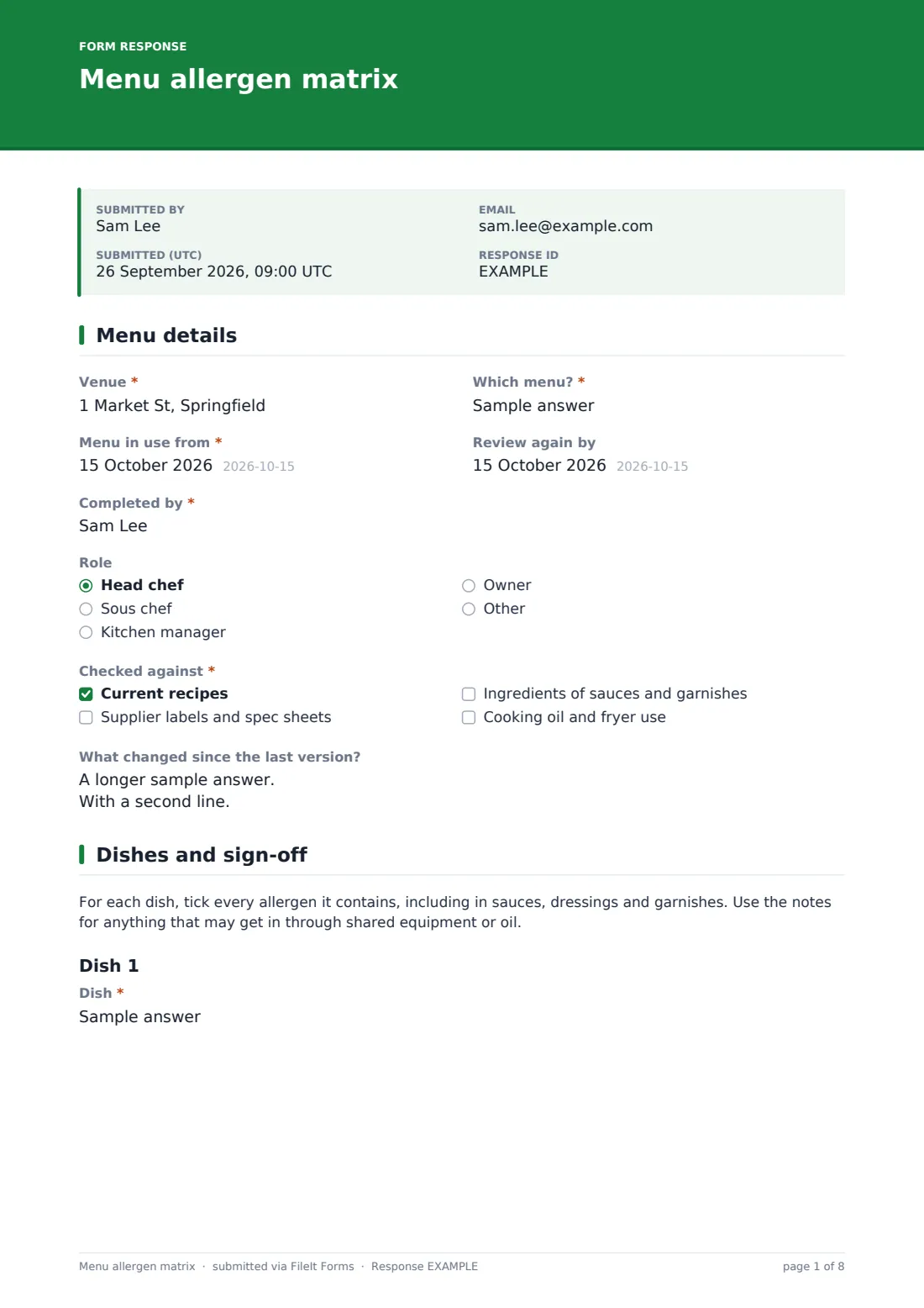 Menu allergen matrix — example response PDF, page 1 of 8