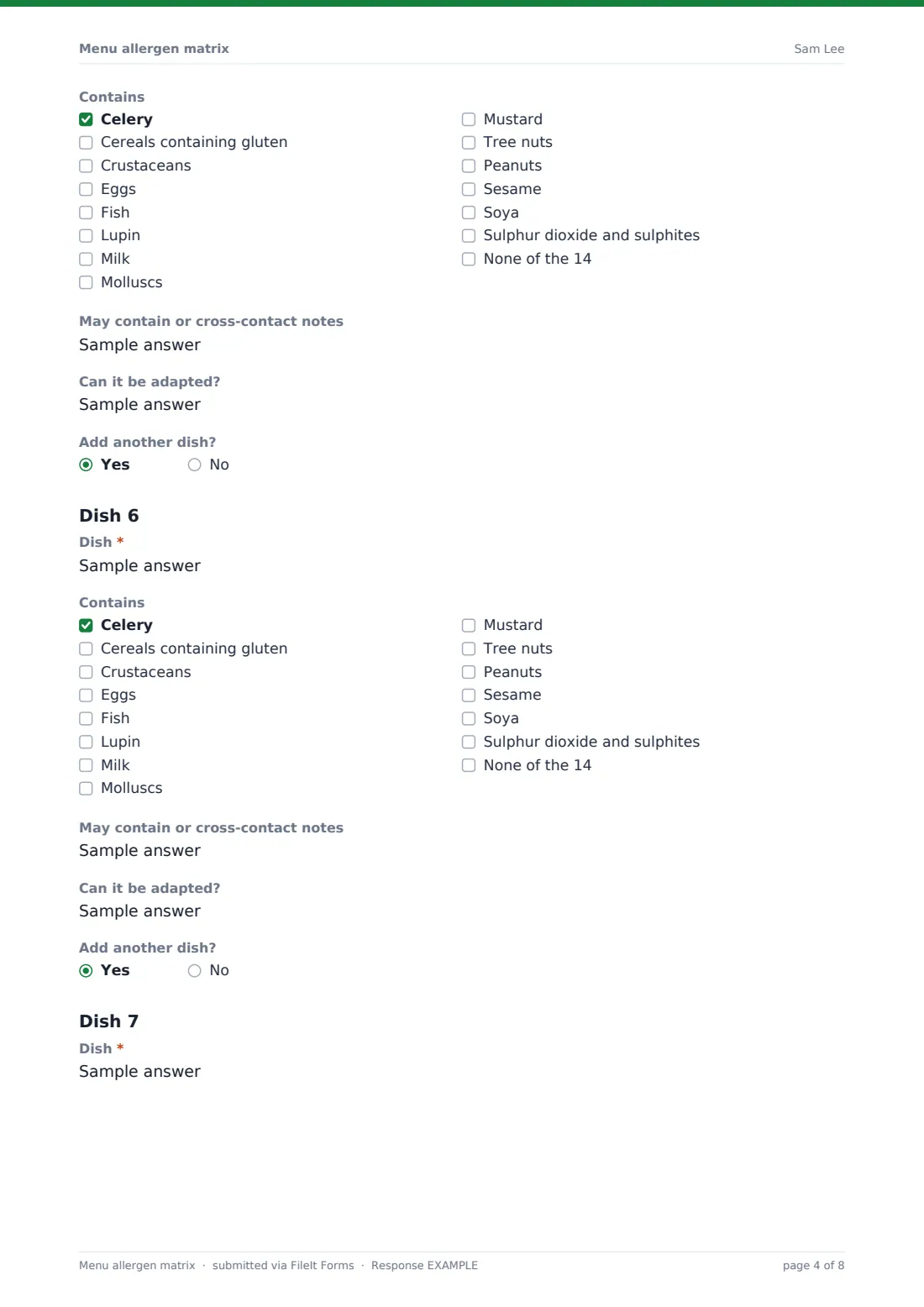 Menu allergen matrix — example response PDF, page 4 of 8