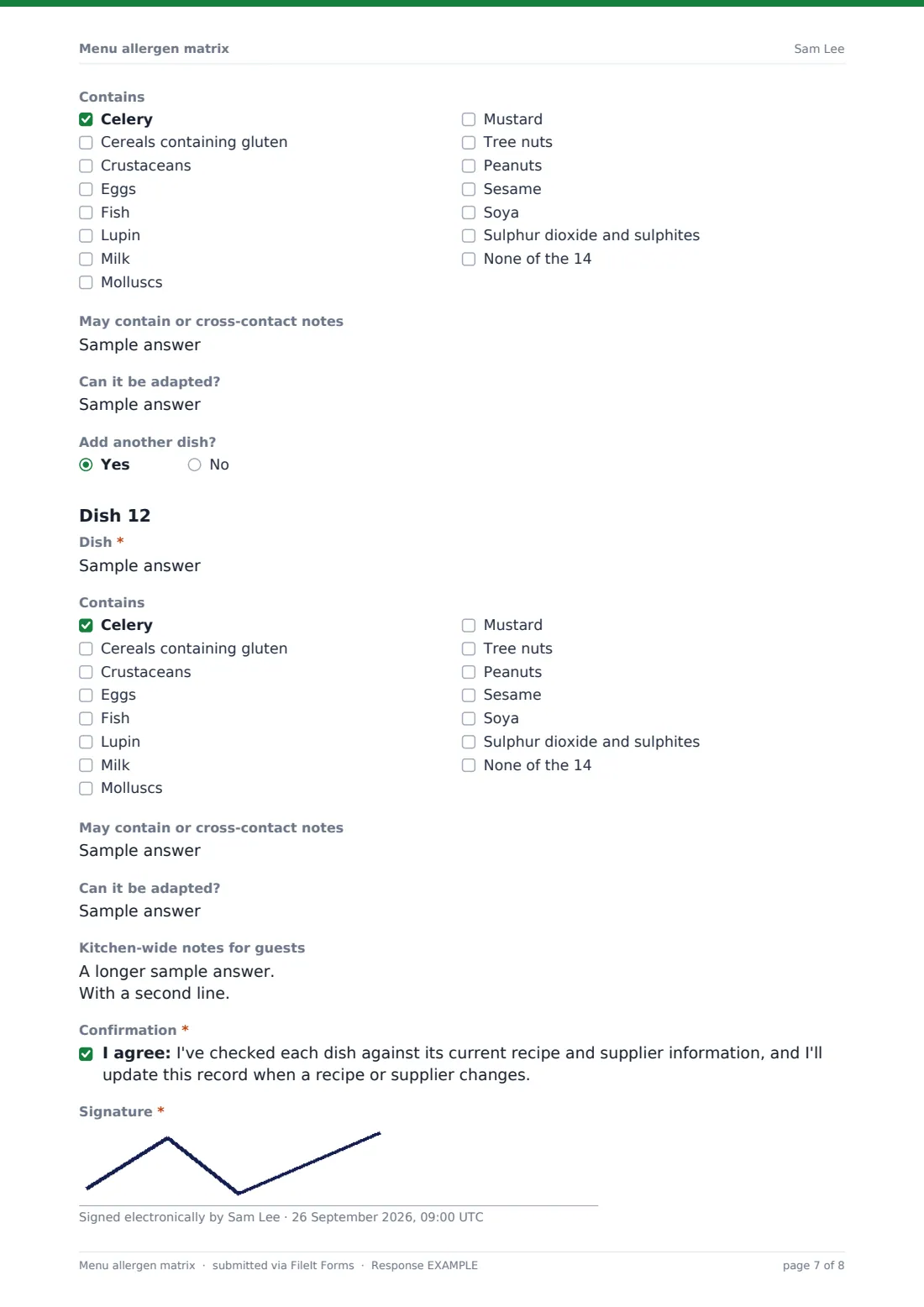 Menu allergen matrix — example response PDF, page 7 of 8