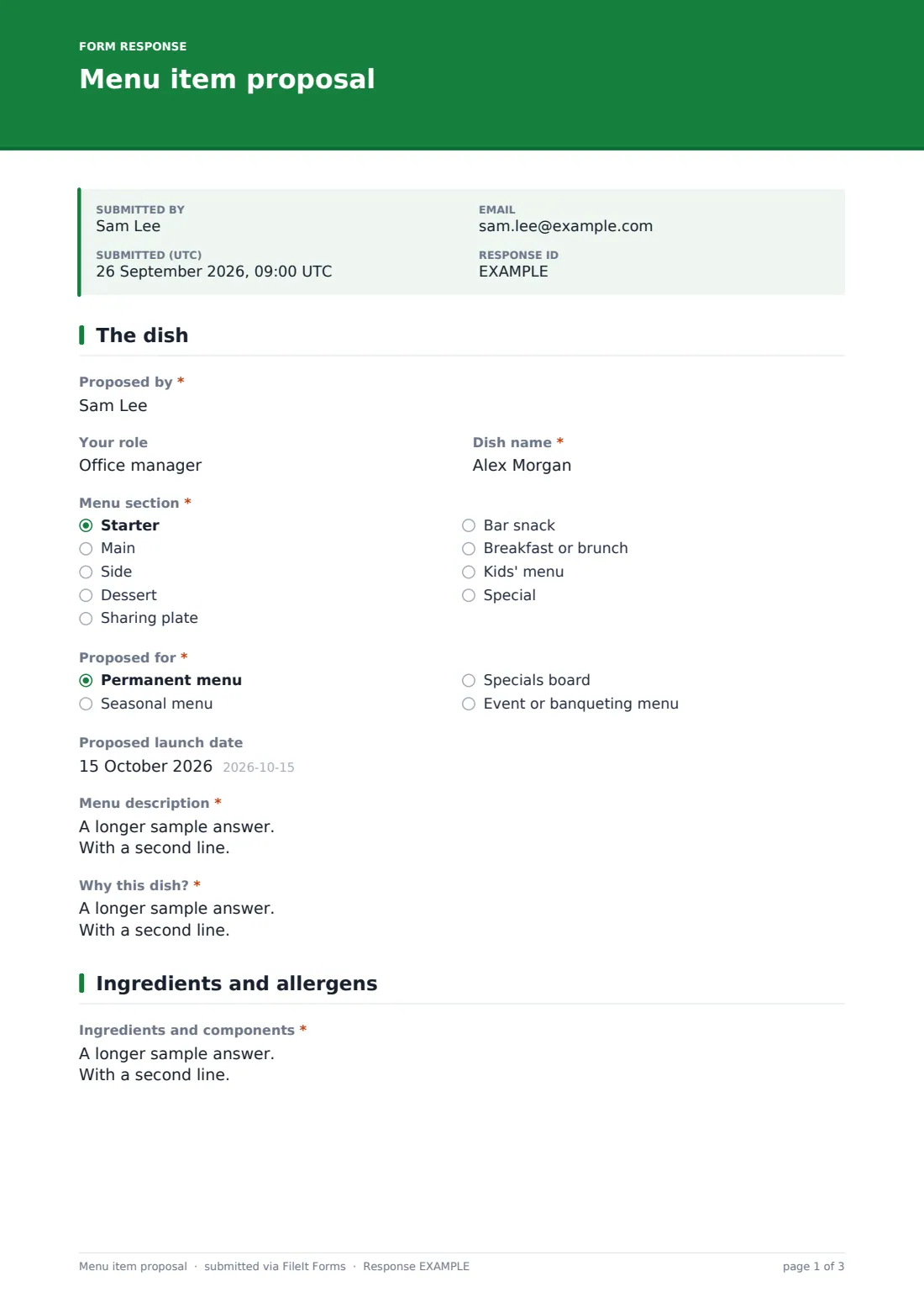 Menu item proposal — example response PDF, page 1 of 3