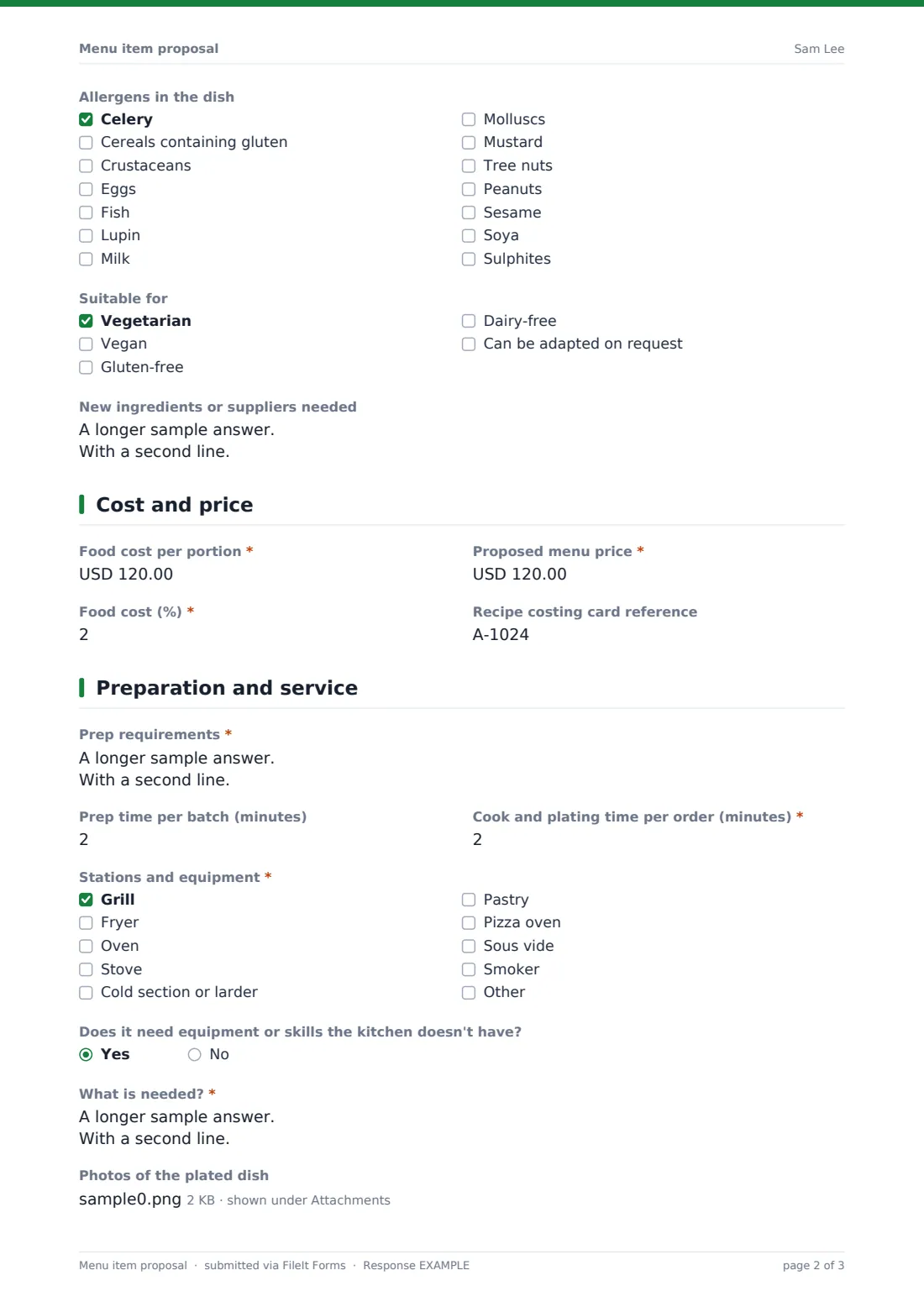 Menu item proposal — example response PDF, page 2 of 3