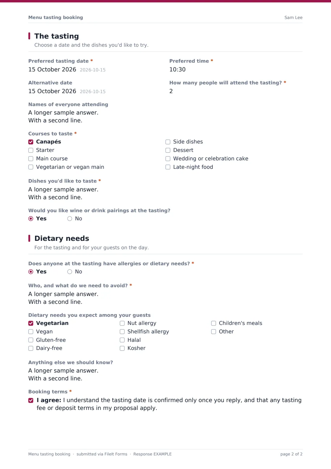 Menu tasting booking — example response PDF, page 2 of 2