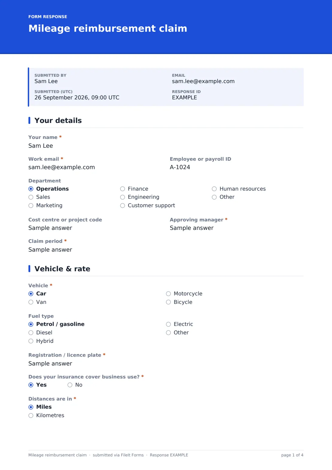 Mileage reimbursement claim — example response PDF, page 1 of 4