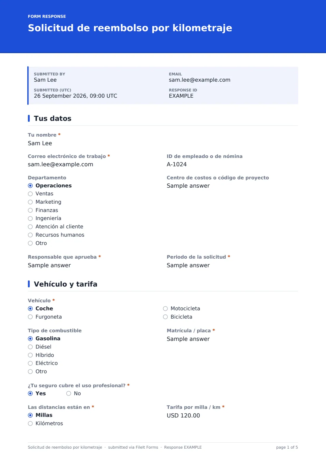 Solicitud de reembolso por kilometraje — PDF de respuesta de ejemplo, página 1 de 5