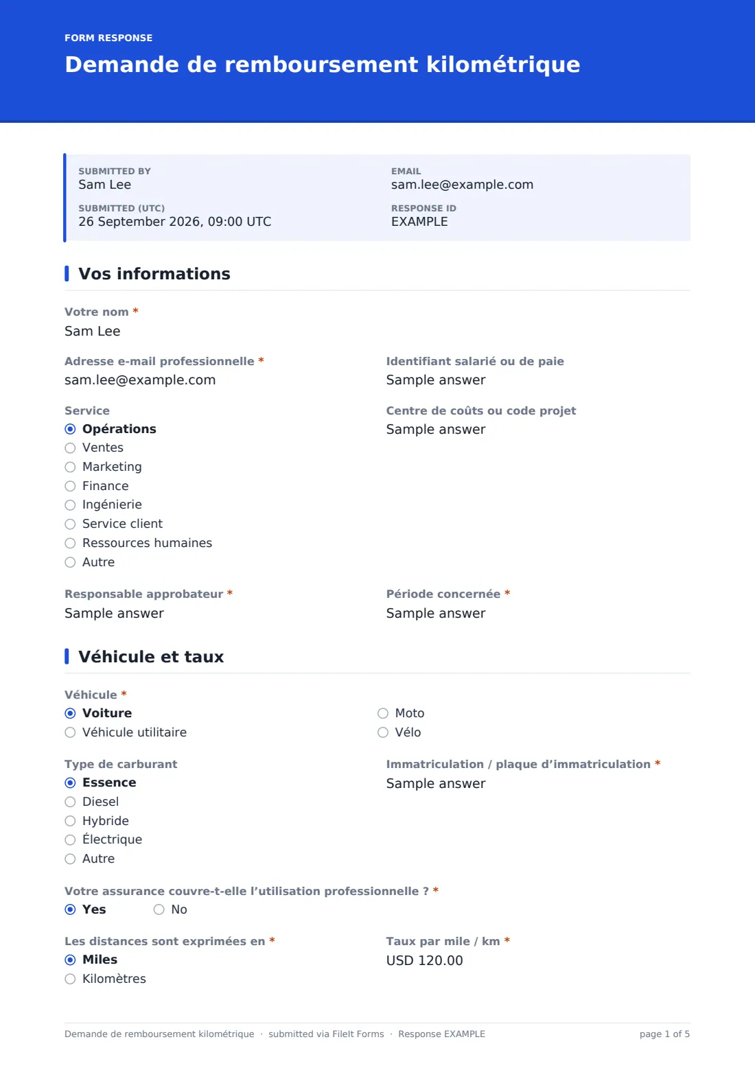 Demande de remboursement kilométrique — exemple de réponse au format PDF, page 1 sur 5