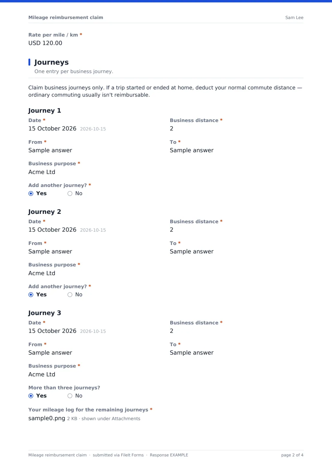 Mileage reimbursement claim — example response PDF, page 2 of 4