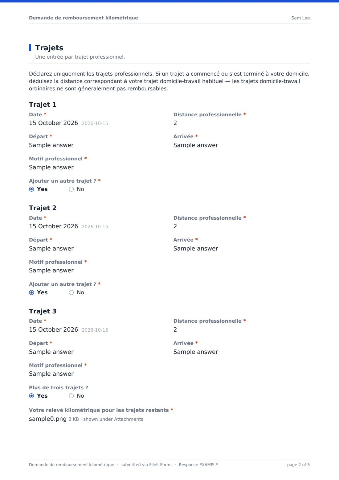 Demande de remboursement kilométrique — exemple de réponse au format PDF, page 2 sur 5