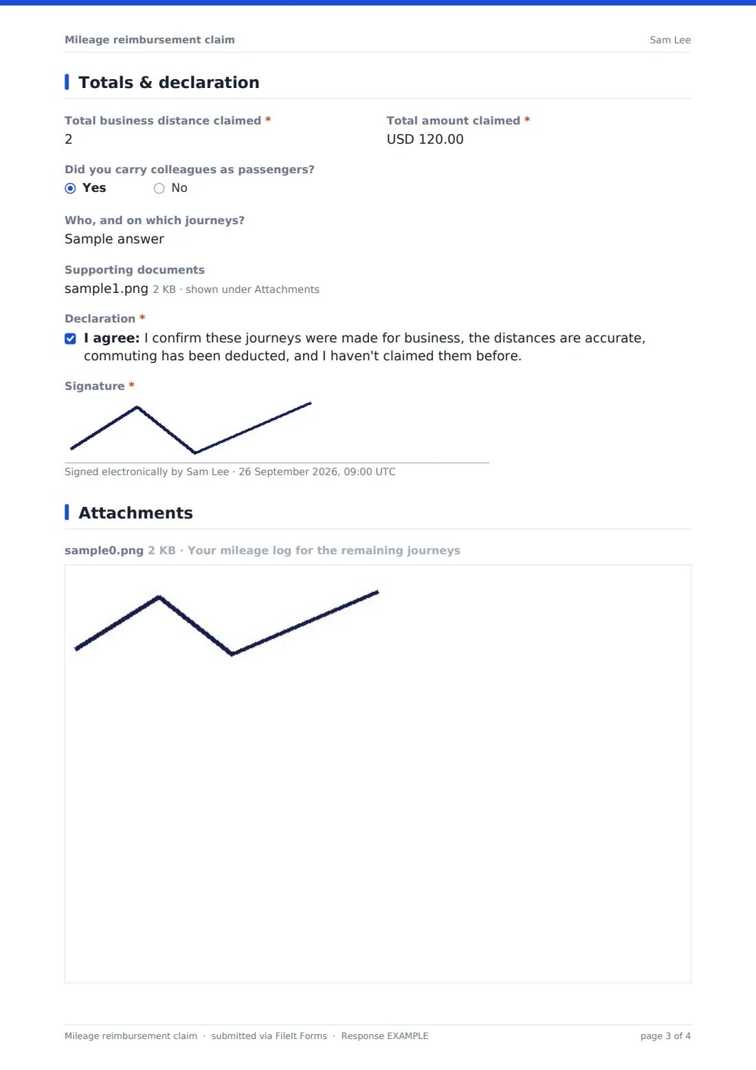 Mileage reimbursement claim — example response PDF, page 3 of 4