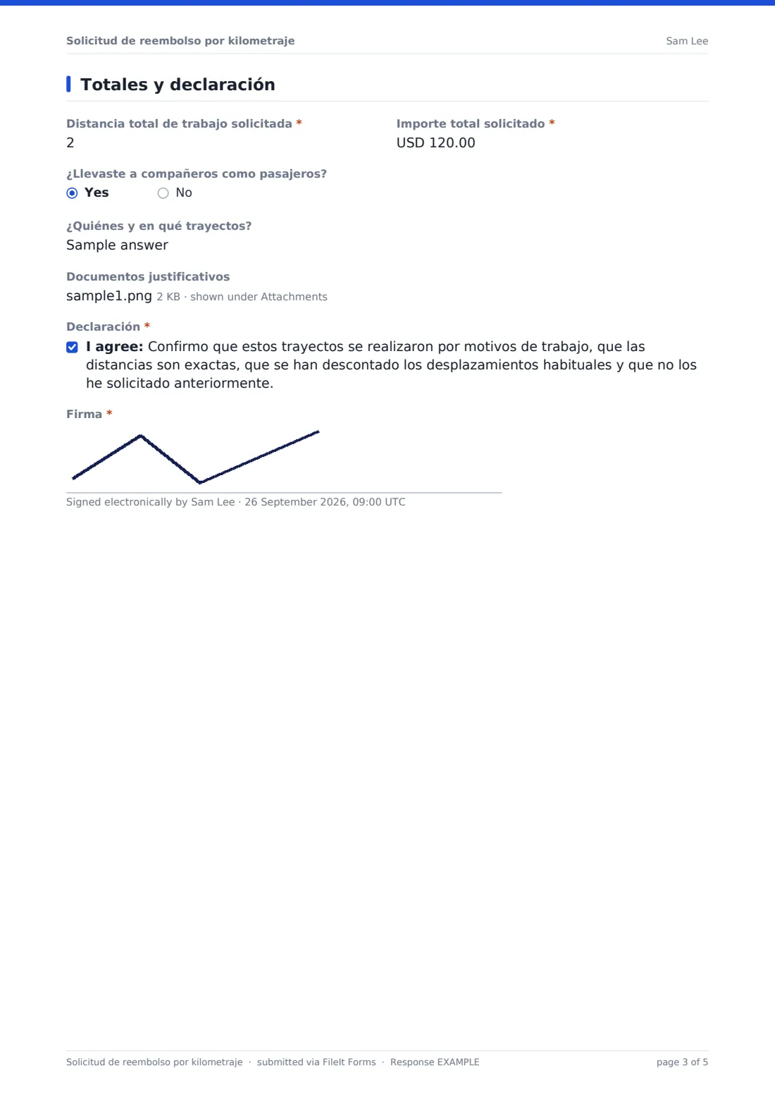 Solicitud de reembolso por kilometraje — PDF de respuesta de ejemplo, página 3 de 5