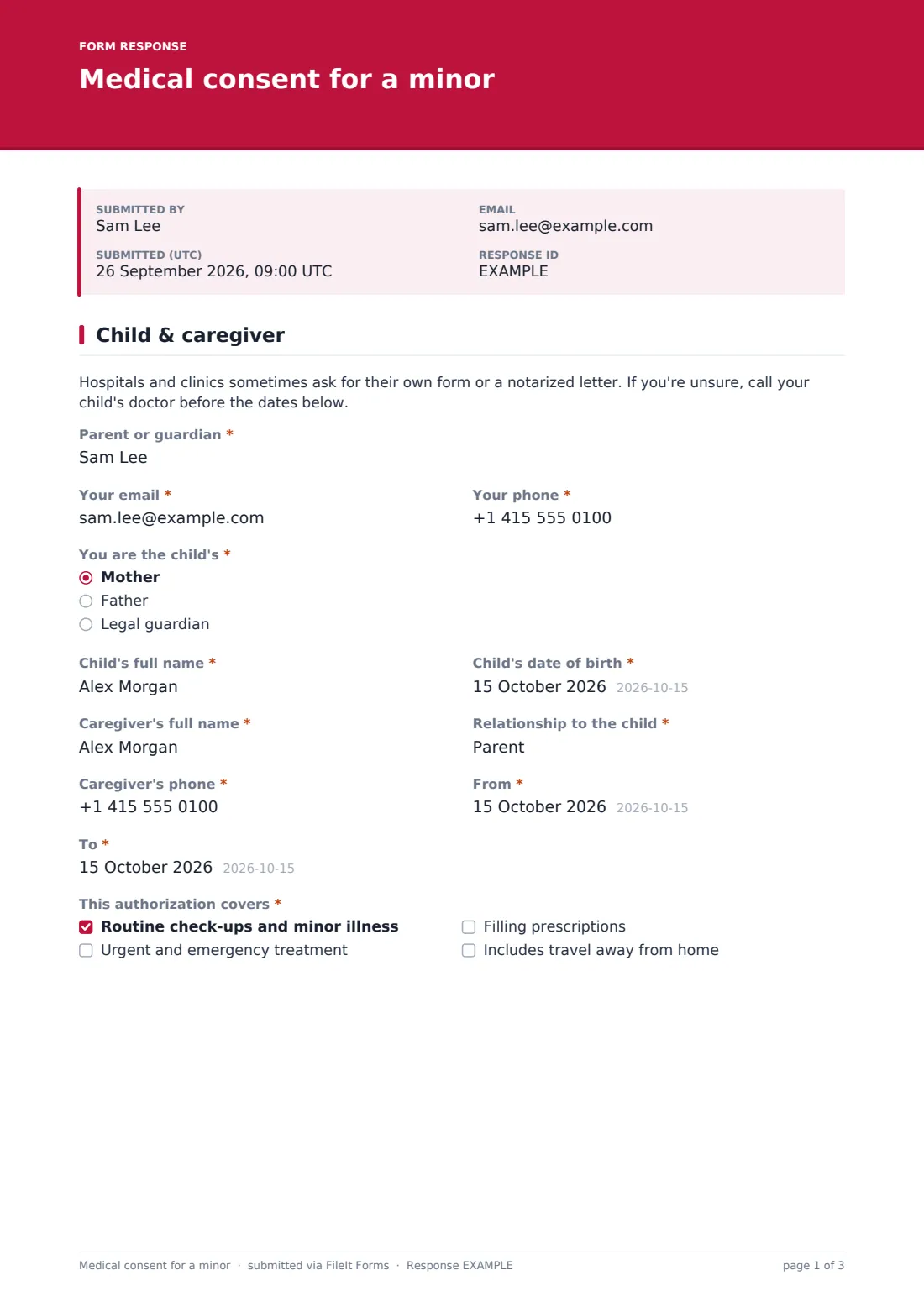 Medical consent for a minor — example response PDF, page 1 of 3
