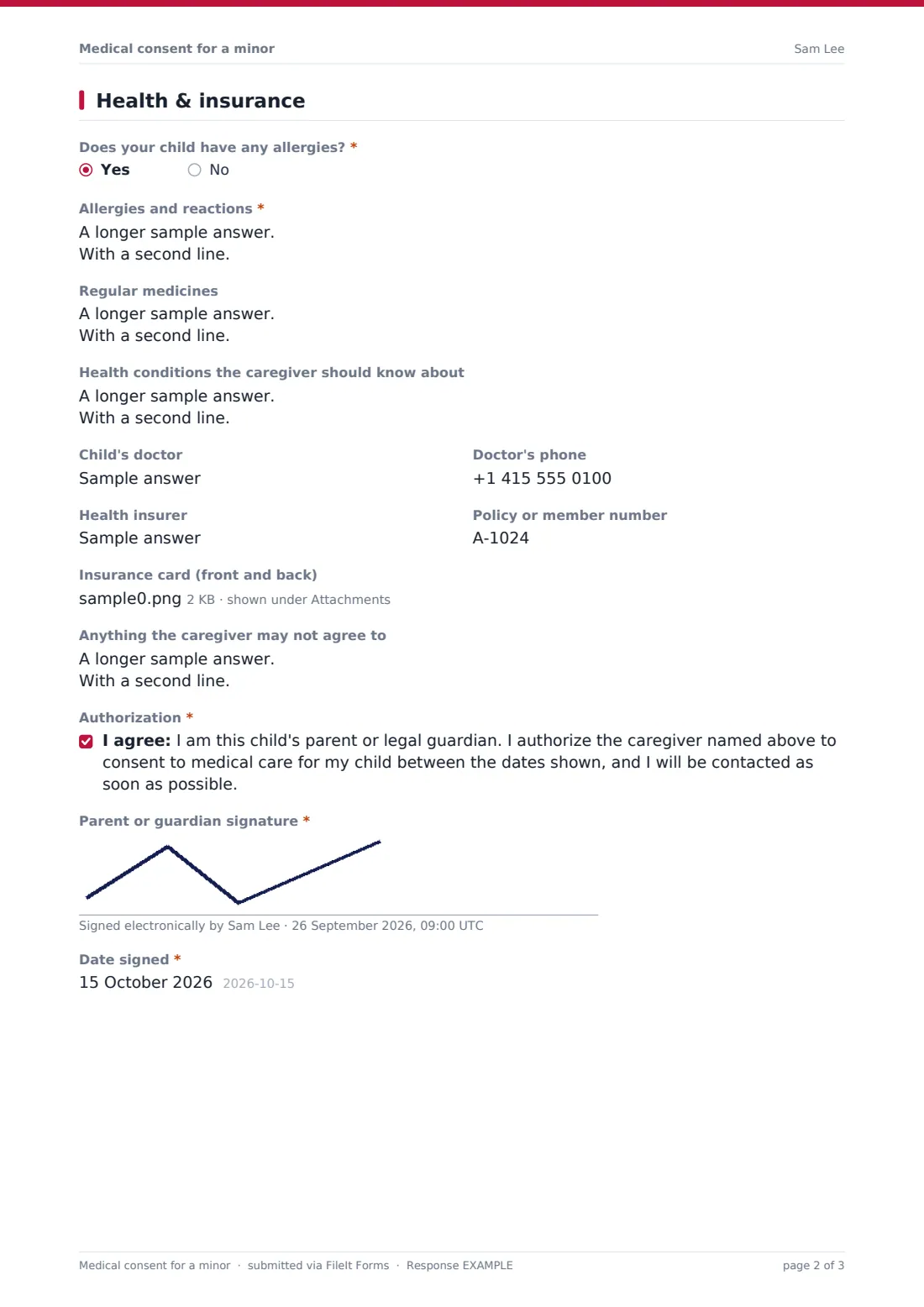 Medical consent for a minor — example response PDF, page 2 of 3
