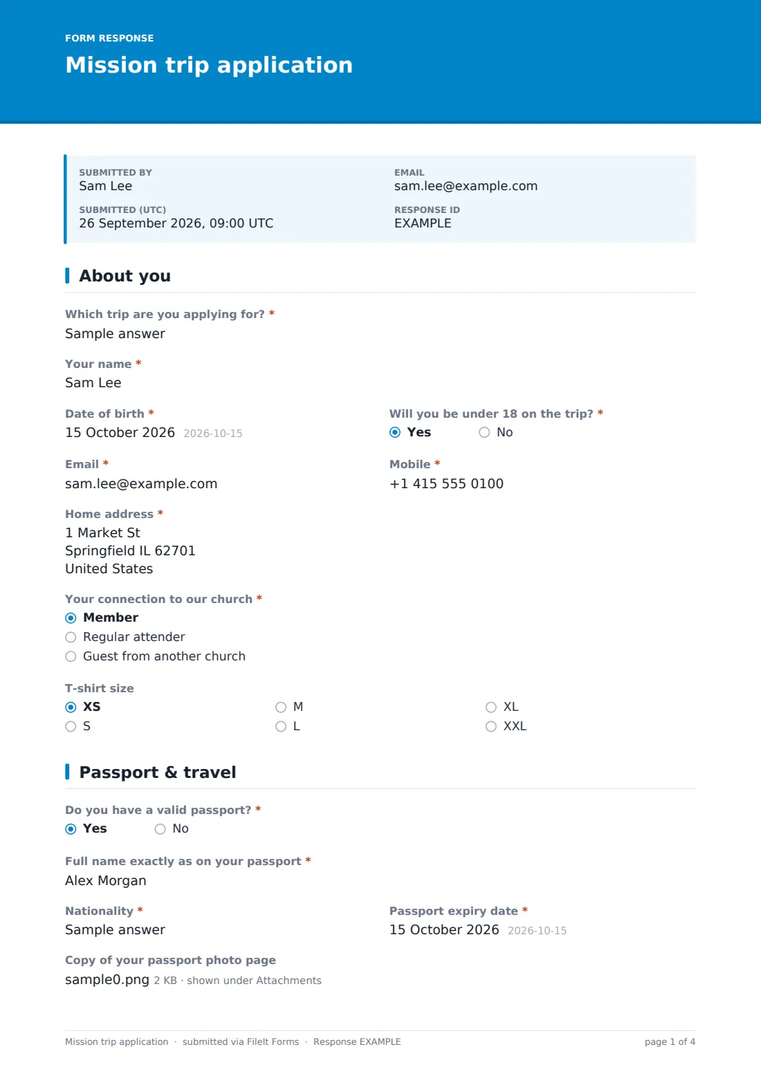 Mission trip application — example response PDF, page 1 of 4