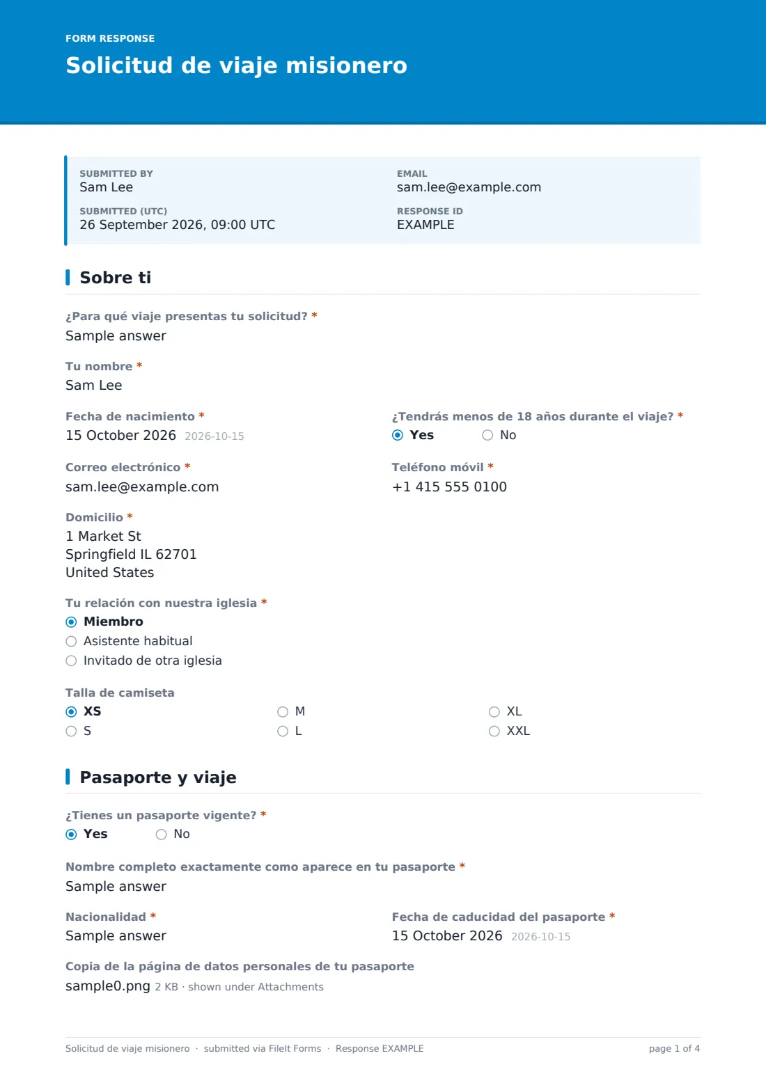 Solicitud de viaje misionero — PDF de respuesta de ejemplo, página 1 de 4