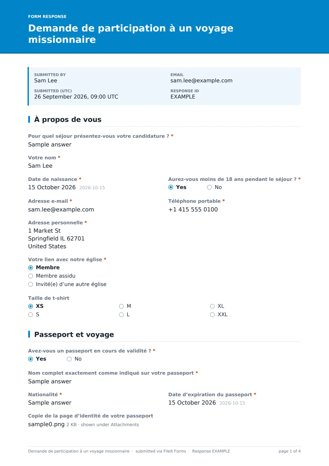 Demande de participation à un voyage missionnaire — exemple de réponse au format PDF, page 1 sur 4