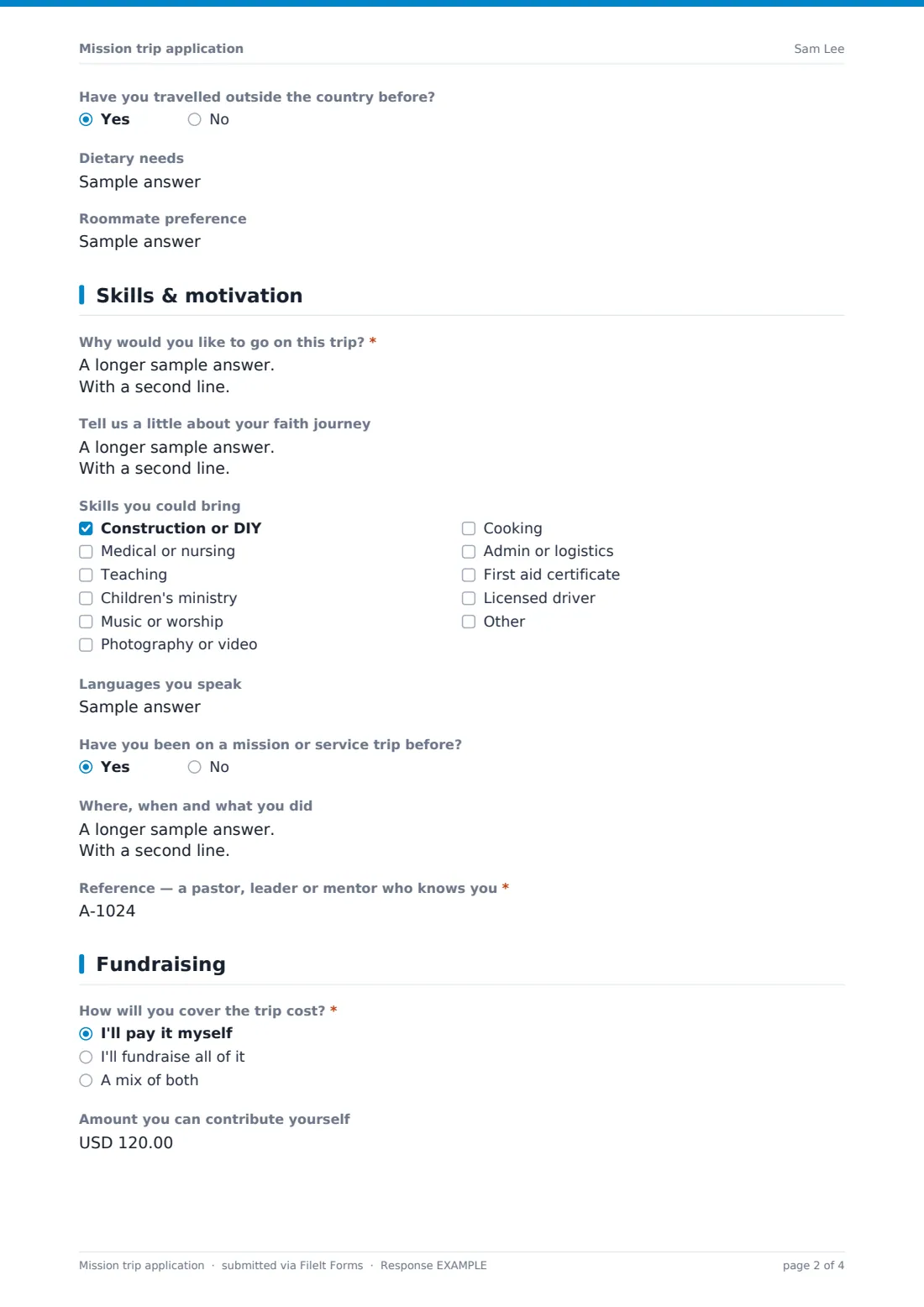 Mission trip application — example response PDF, page 2 of 4