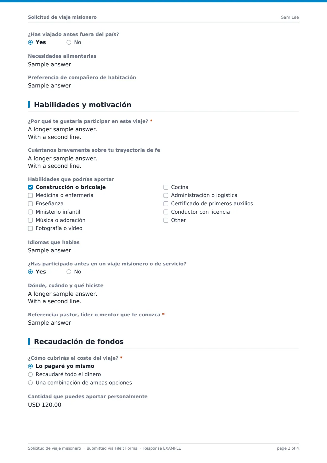 Solicitud de viaje misionero — PDF de respuesta de ejemplo, página 2 de 4