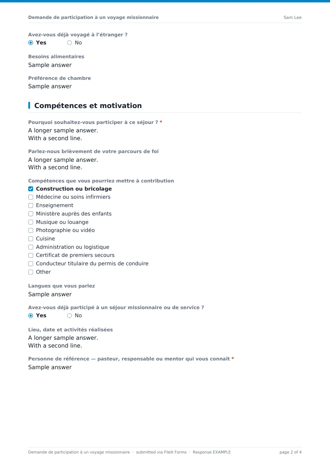 Demande de participation à un voyage missionnaire — exemple de réponse au format PDF, page 2 sur 4