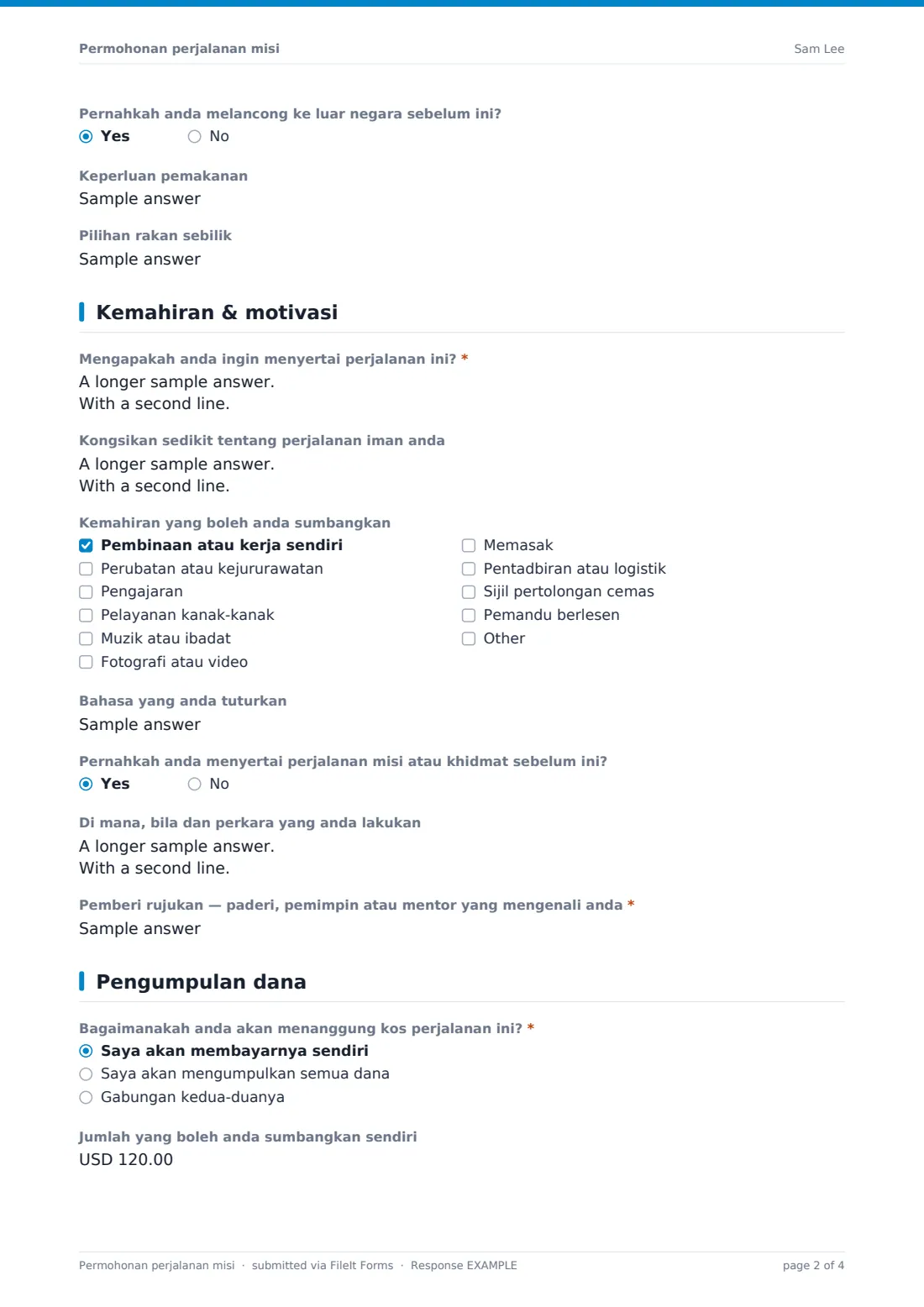 Permohonan perjalanan misi — PDF respons contoh, halaman 2 daripada 4