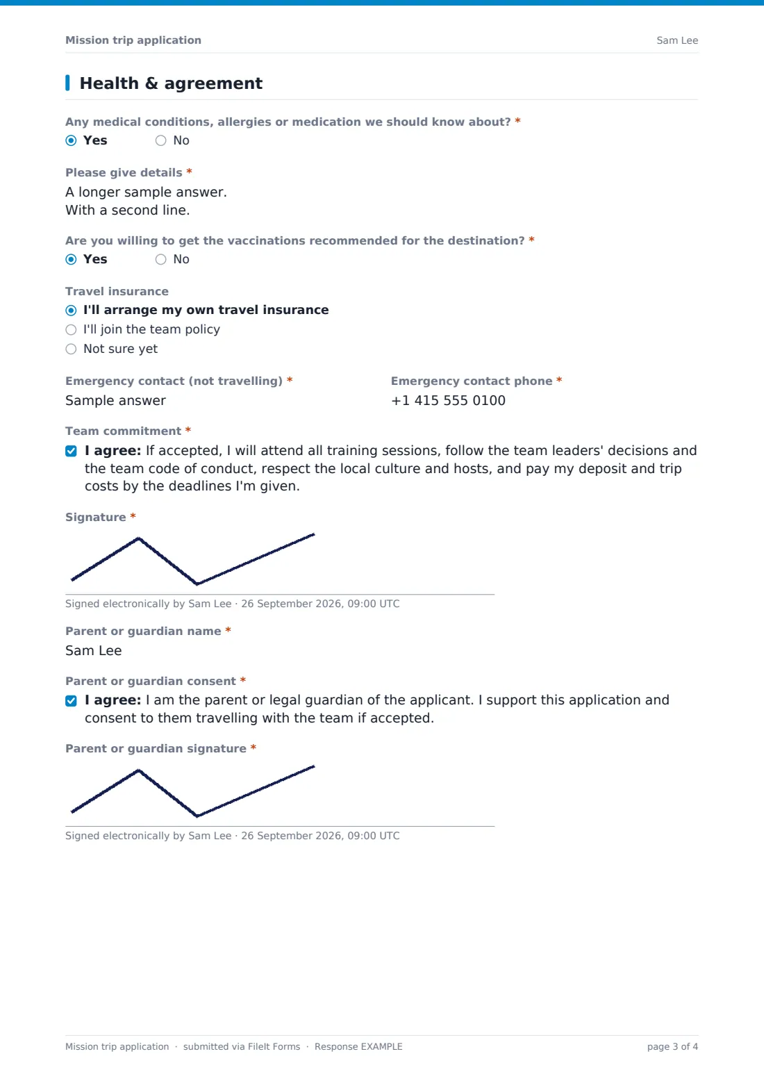 Mission trip application — example response PDF, page 3 of 4