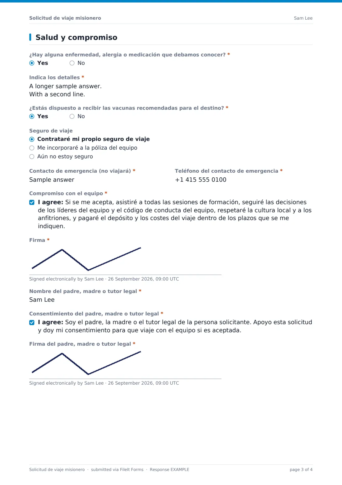 Solicitud de viaje misionero — PDF de respuesta de ejemplo, página 3 de 4