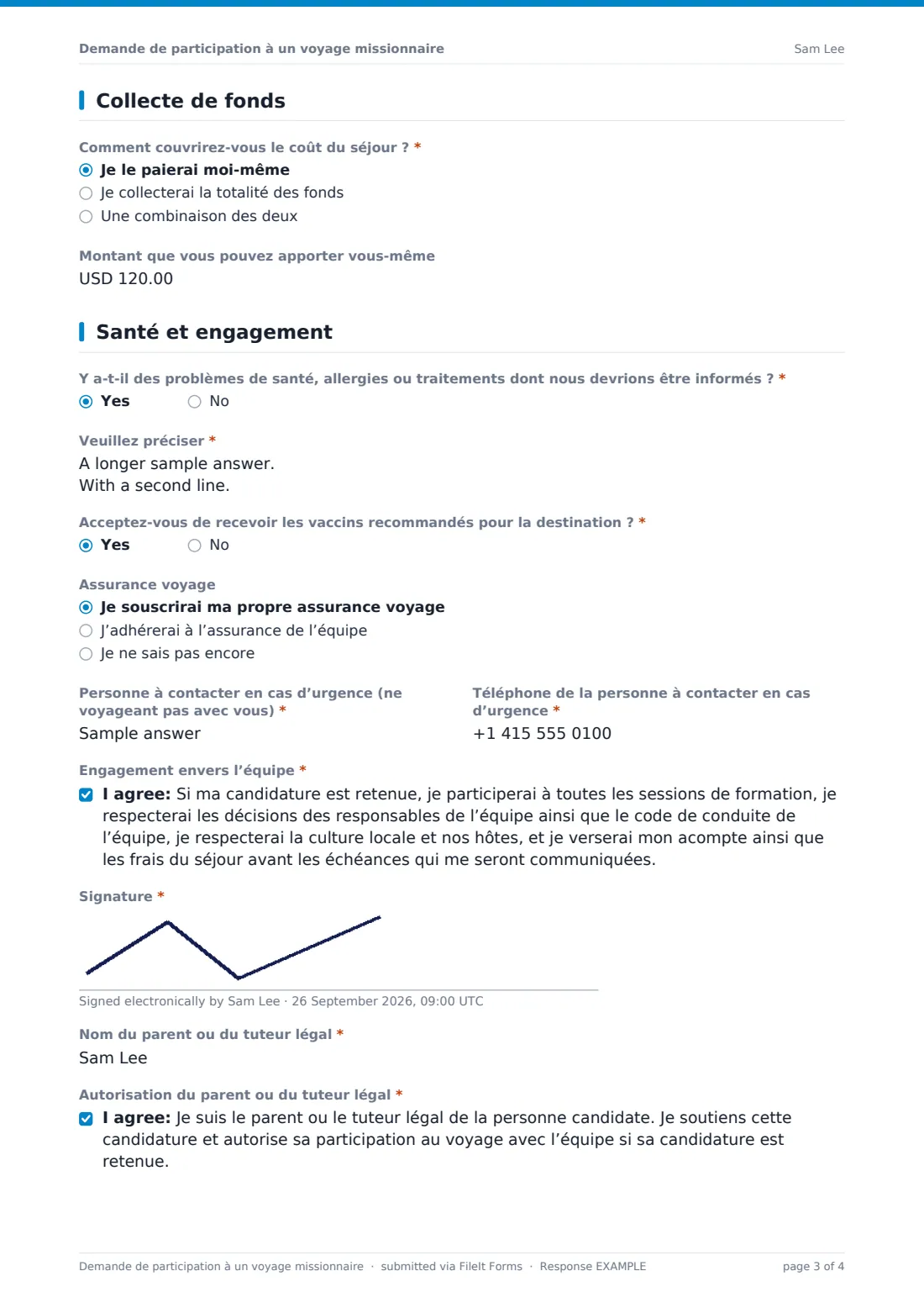 Demande de participation à un voyage missionnaire — exemple de réponse au format PDF, page 3 sur 4