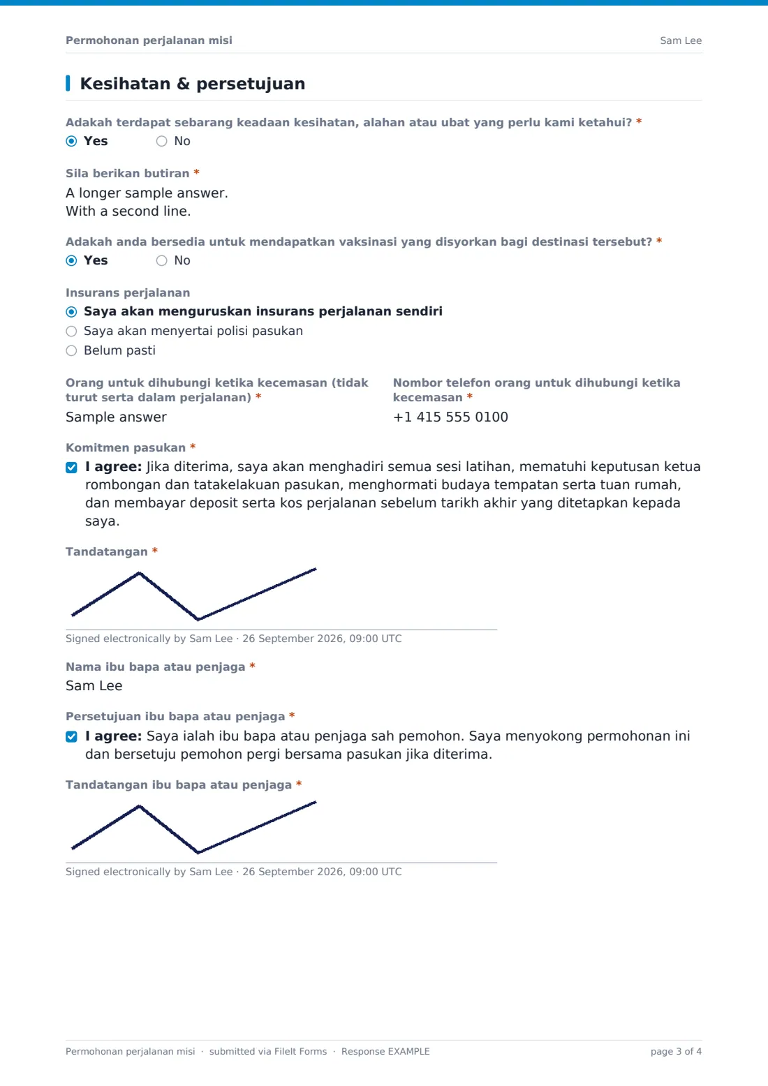 Permohonan perjalanan misi — PDF respons contoh, halaman 3 daripada 4