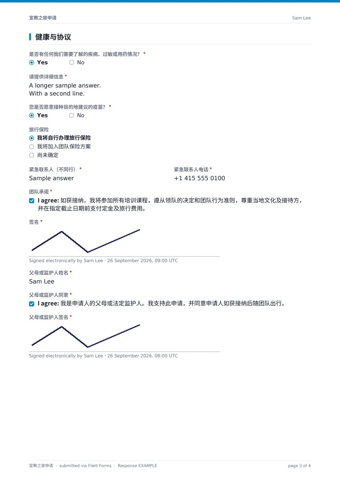 宣教之旅申请 — 示例回复 PDF，第 3 页，共 4 页