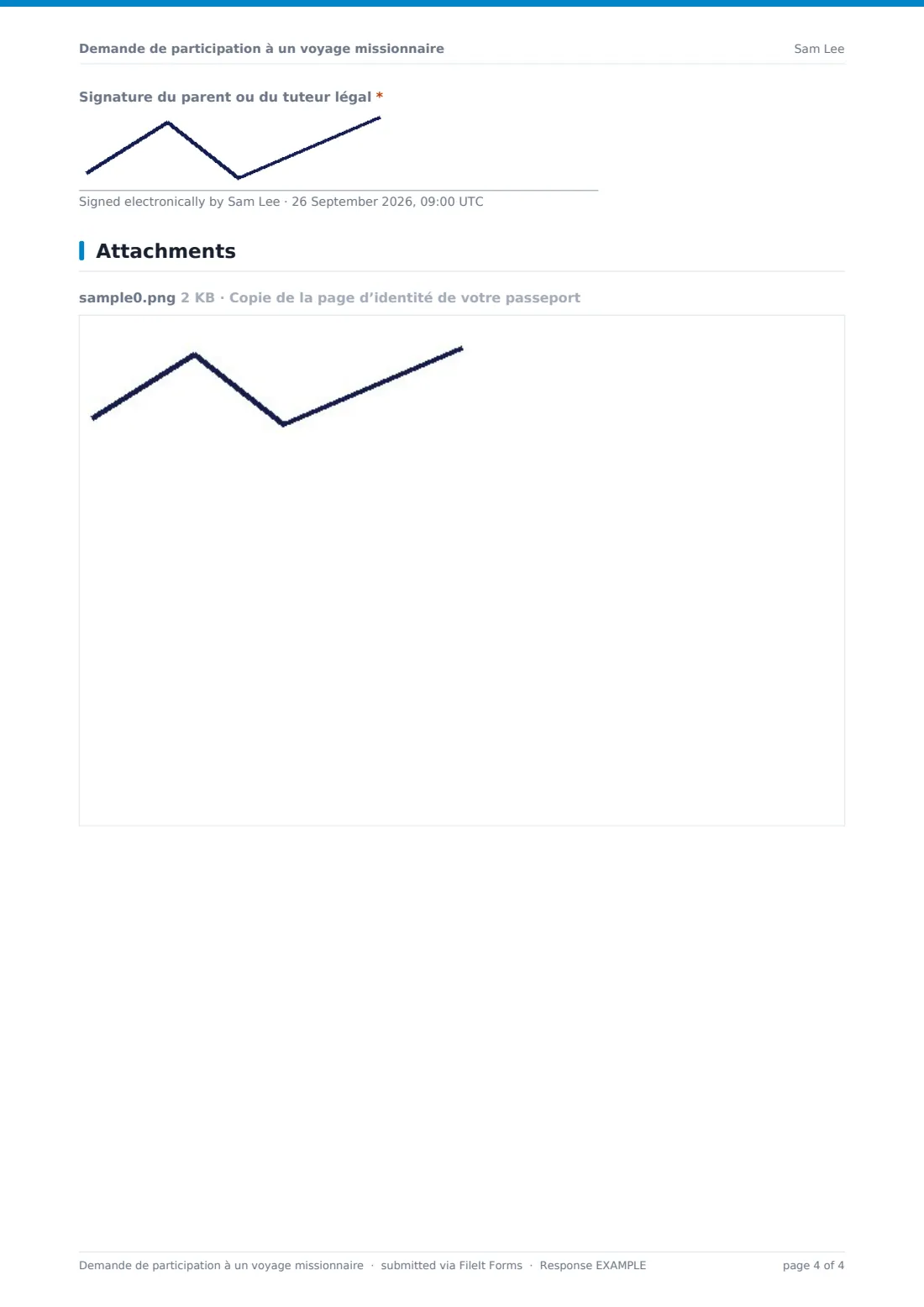 Demande de participation à un voyage missionnaire — exemple de réponse au format PDF, page 4 sur 4