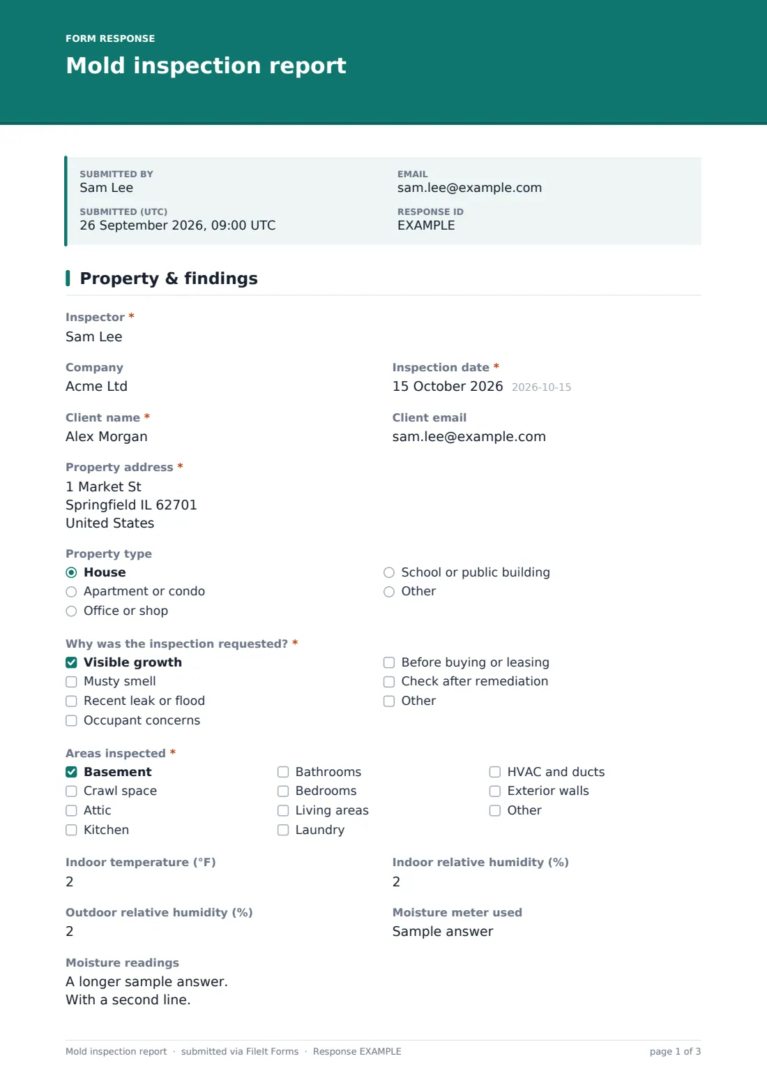 Mold inspection report — example response PDF, page 1 of 3