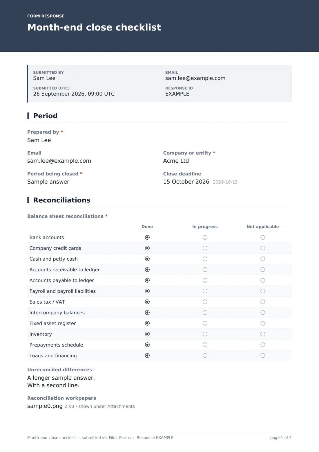 Month-end close checklist — example response PDF, page 1 of 4